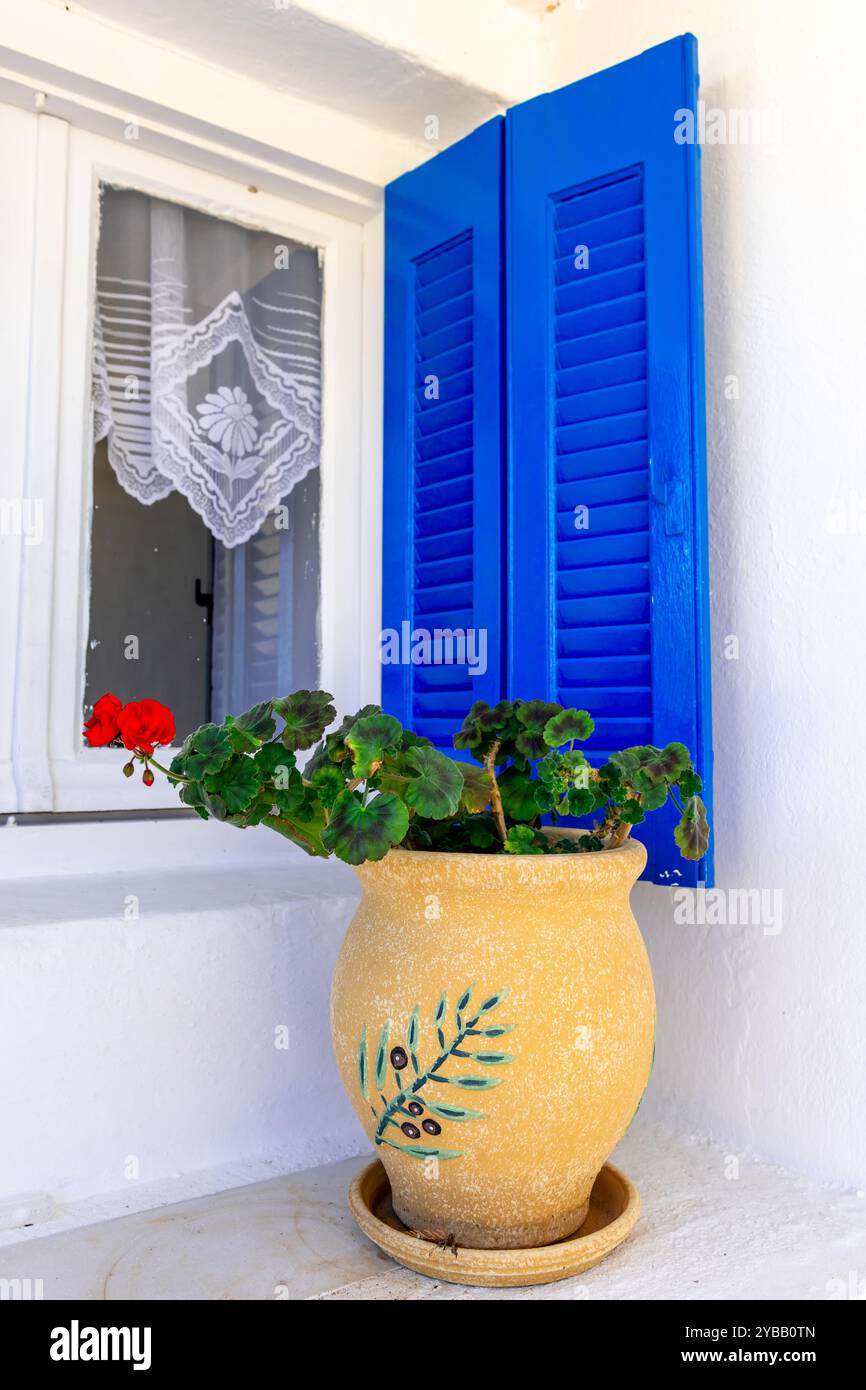 Architektonisches Detail eines Dorfhauses im griechischen Stil mit einem Fenster, blauen Fensterläden, Topfpflanzen und weißen Wänden. Stockfoto