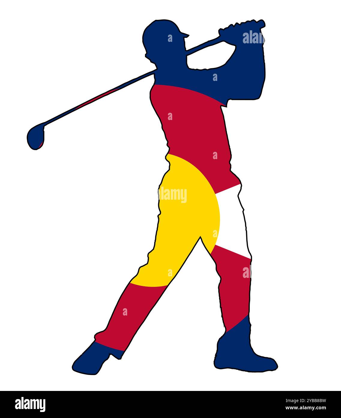 Eine Colorado State Golfspieler Silhouette, die seinen Schwung isoliert auf weiß mit Staatsflagge eingelassen Stockfoto