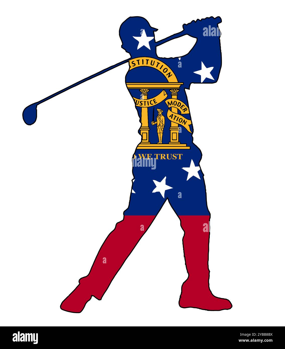 Eine Golfspielersilhouette aus Georgia, die seinen Schwung isoliert auf weiß mit eingefasster Staatsflagge zeigt Stockfoto