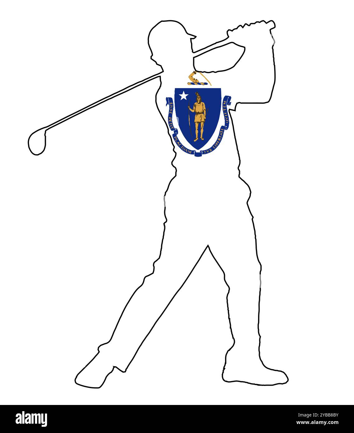 Eine Silhouette eines Golfspielers im Bundesstaat Massachusetts, die seinen Schwung isoliert auf weiß zeigt und mit einer Staatsflagge versehen ist Stockfoto