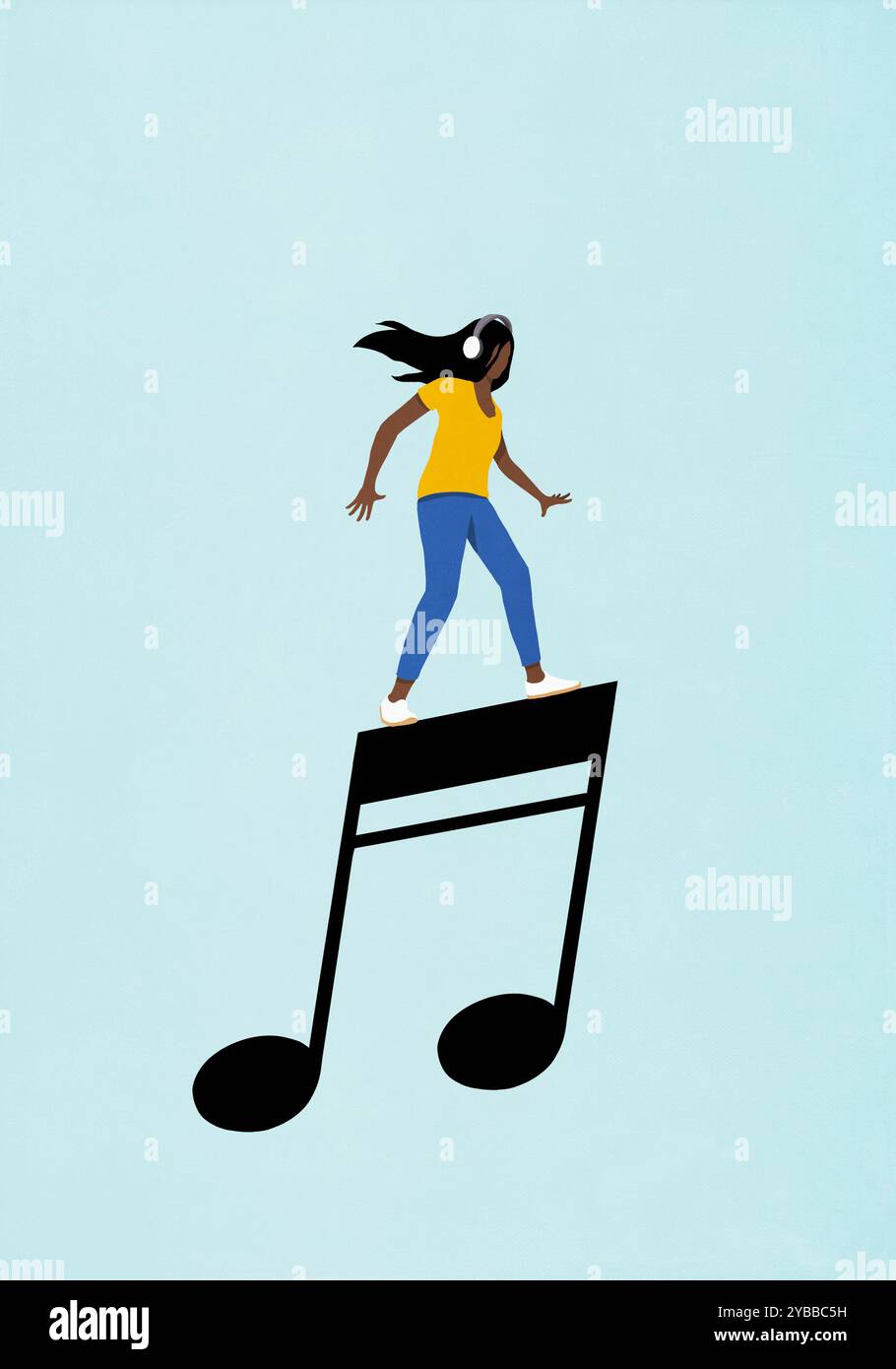 Frau mit Kopfhörern, die auf musikalischer Note tanzen Stockfoto
