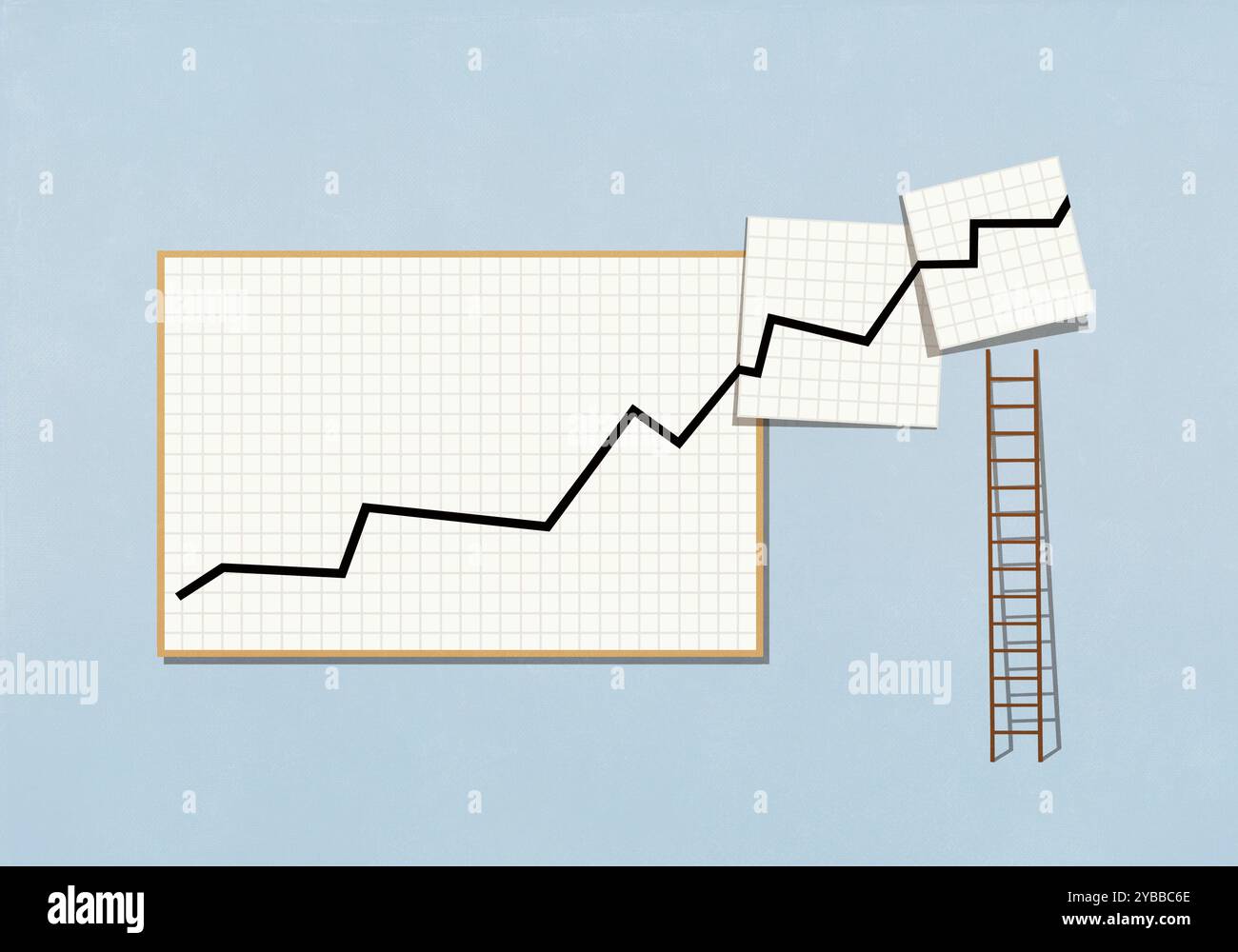 Leiter unter erweitertem Diagramm mit aufsteigender Linie auf blauem Hintergrund Stockfoto