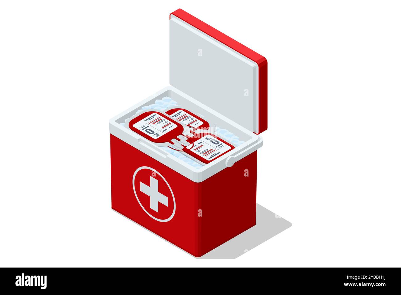 Isometrischer medizinischer Bluttransport. Organtransplantationsbox. Transport-Kühltasche für Spenderorgane. Stock Vektor