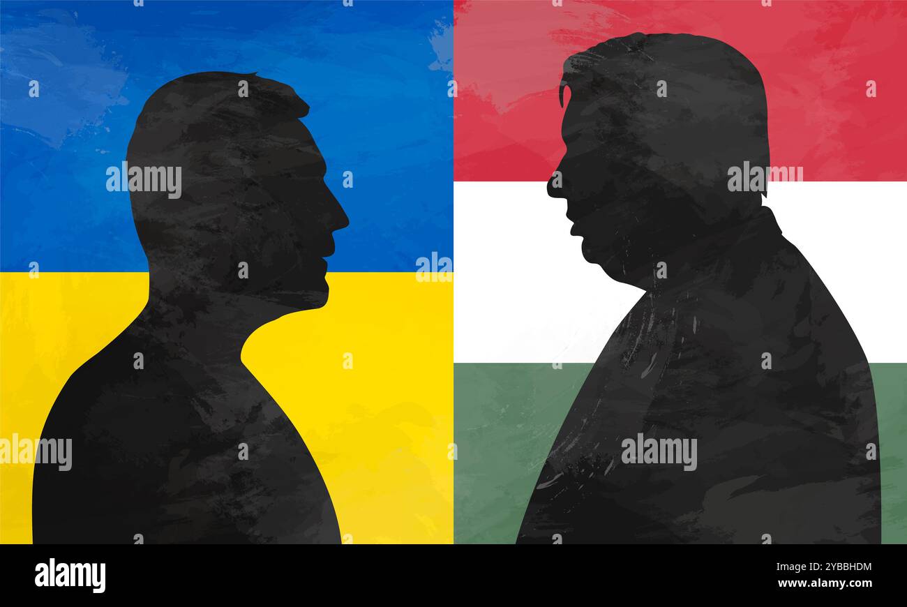 Silhouette von Wiktor Orban und Wolodymyr Zelenskij vor dem Hintergrund der Flaggen der Ukraine und Ungarns. Stockfoto