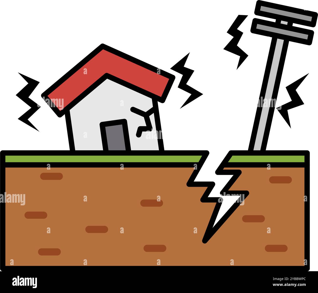 Haus- und Versorgungsmasten schütteln sich durch Erdbeben und Bodenrisse. Editierbarer Vektor. Stock Vektor