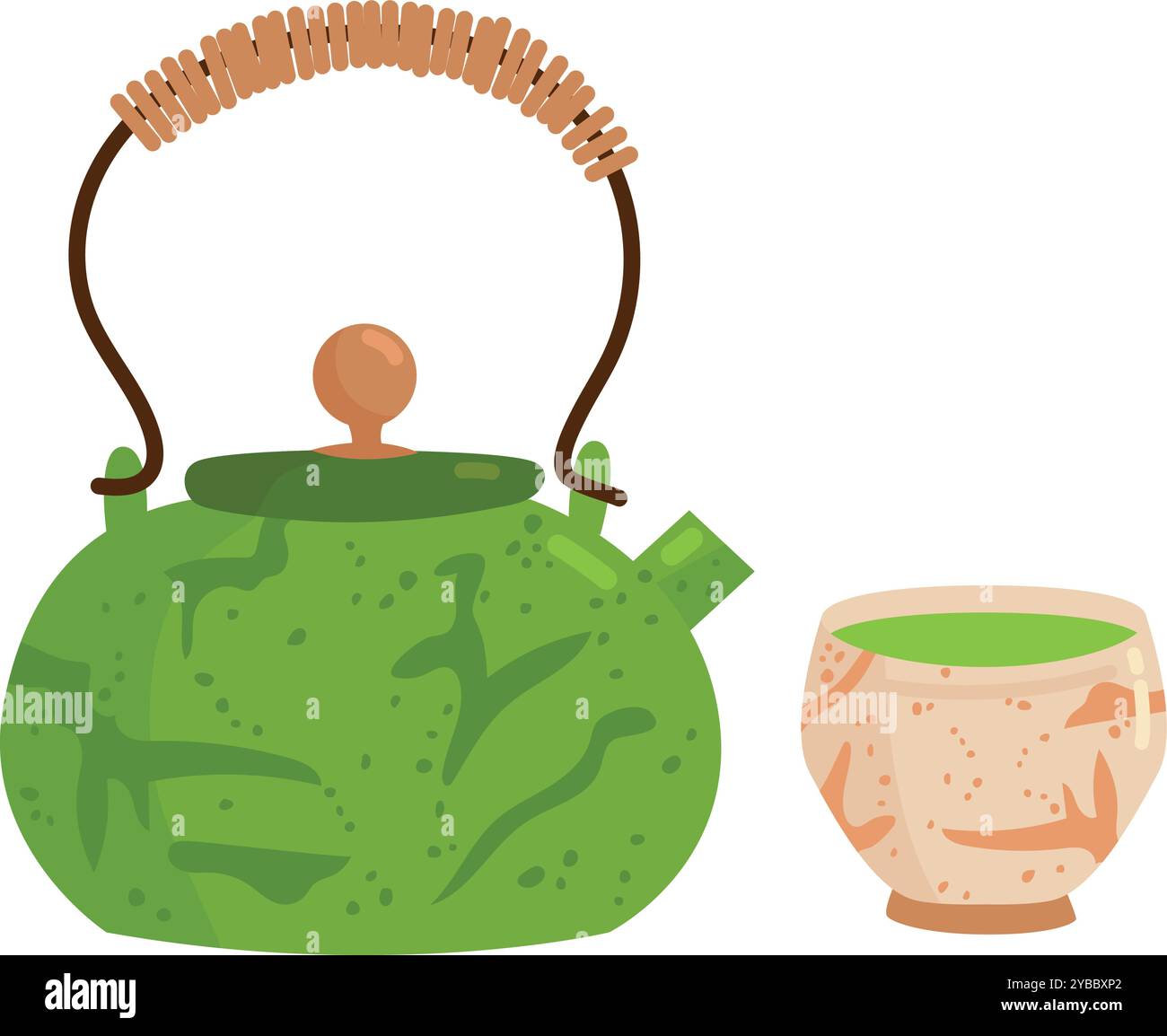 Matcha-Tee. Leckere Tasse mit heißem Aroma und Teekanne Stock Vektor