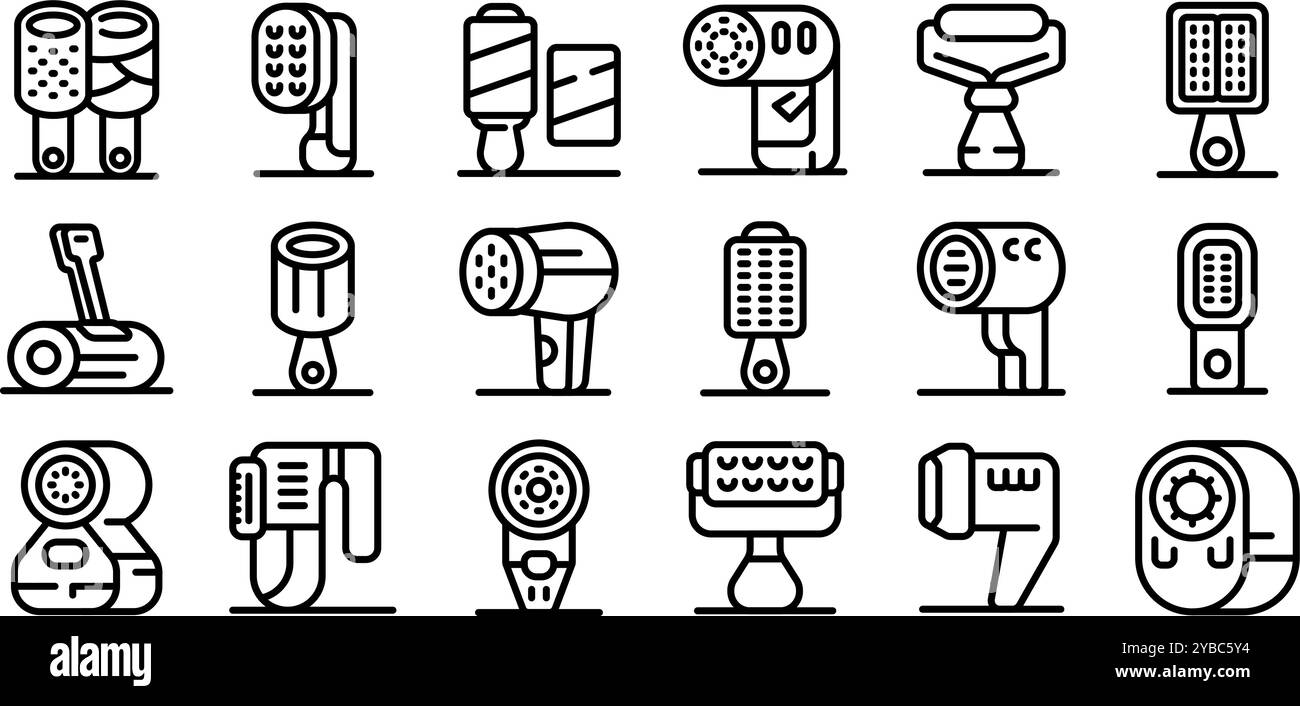 Fusenentferner-Symbole gesetzt. Elektrische Körperpflegegeräte, die verschiedene Möglichkeiten zur Aufrechterhaltung der Schönheitsroutine zu Hause oder in einem professionellen Salon zeigen Stock Vektor