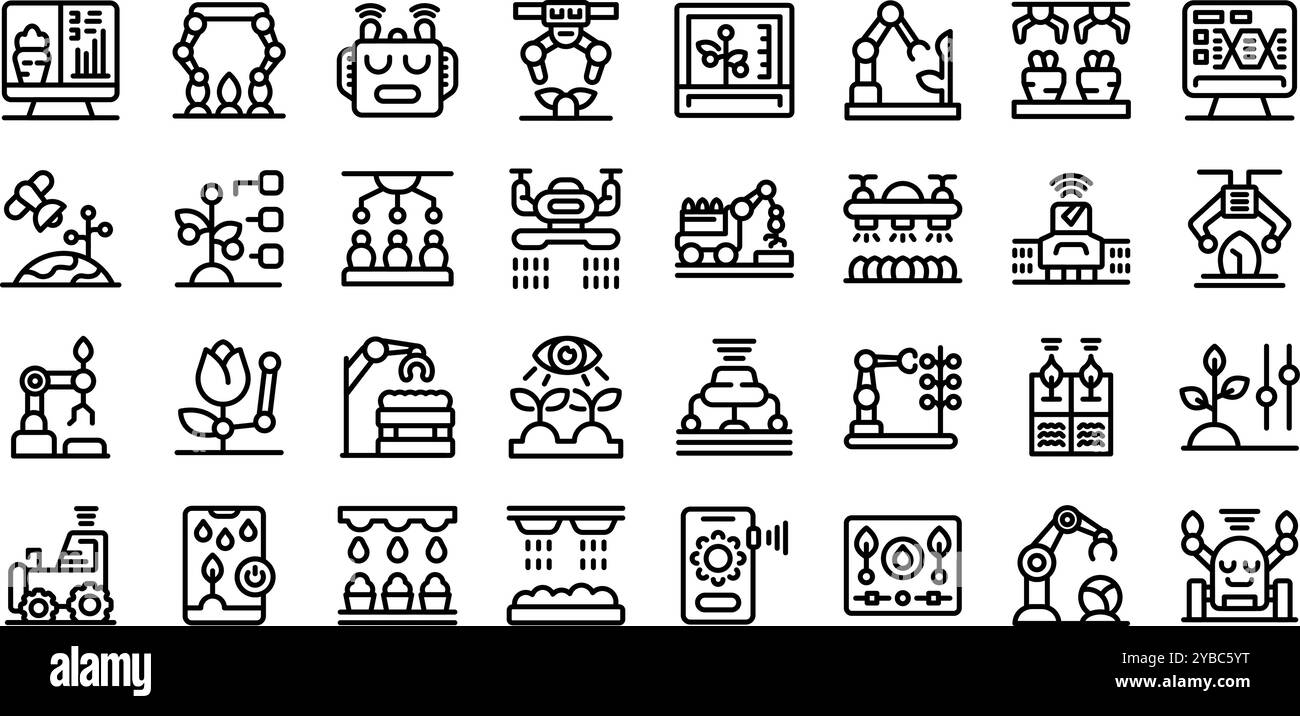 Roboter erntet Symbolsatz. Diese Symbolreihe zeigt die Integration von Spitzentechnologien in der Landwirtschaft und hebt das Potenzial intelligenter Landwirtschaftspraktiken hervor Stock Vektor