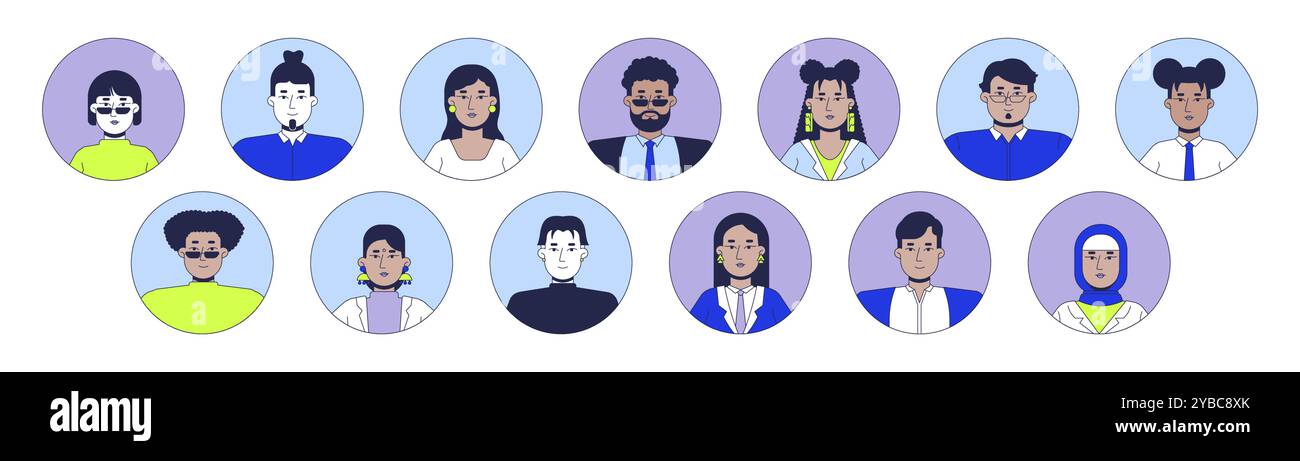 Multi-ethnische Büromitarbeiter 2D lineare Vektor Avatare Illustrationssatz Stock Vektor