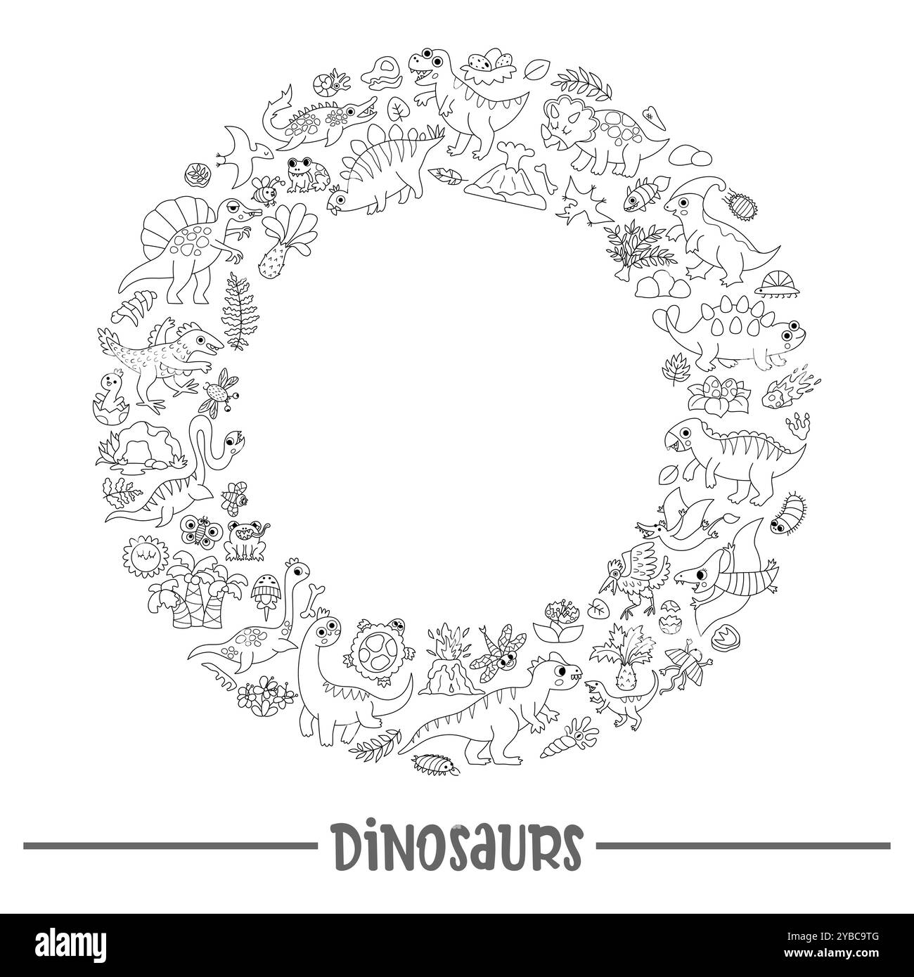 Vektor schwarz-weiß Dinosaurier Rundkranz Linie Rahmen mit Pterodactyl, Stegosaurus, Triceratops, T-Rex. Design für prähistorische Tierkarten Stock Vektor