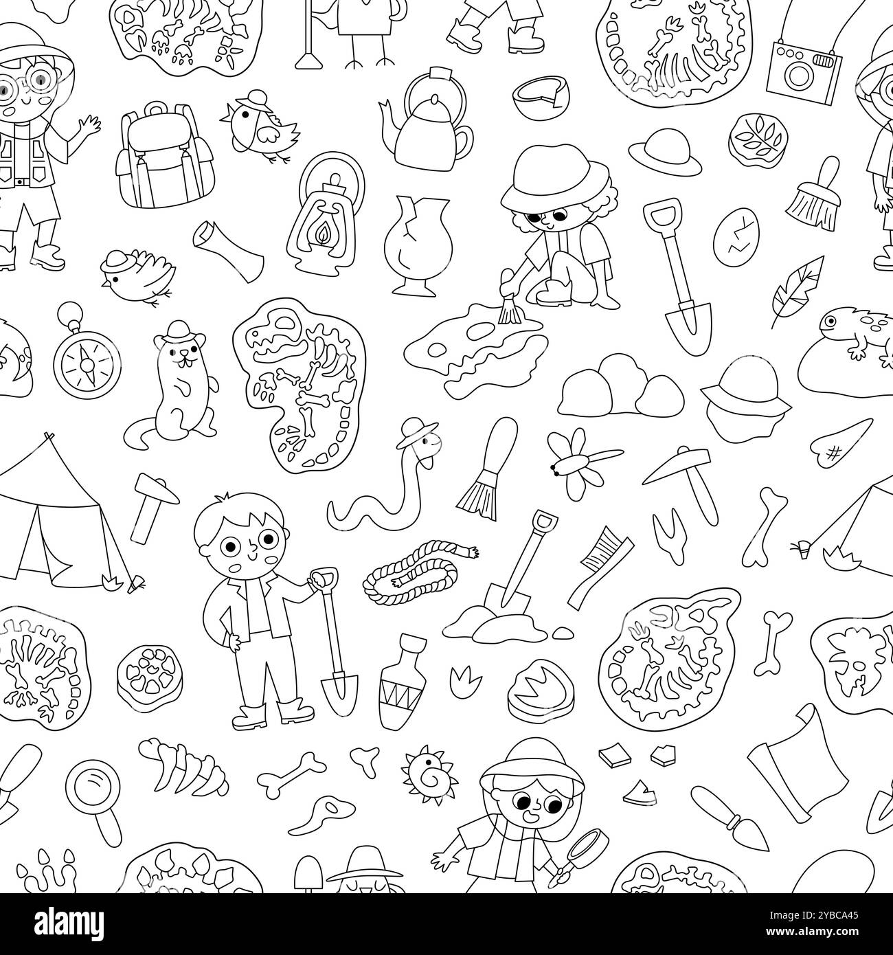 Vektorschwarzes und weißes Paläontologen-nahtloses Muster. Linie prähistorische Tierwissenschaftler wiederholen Hintergrund. Dino Researcher Digitalpapier oder Färbung Stock Vektor