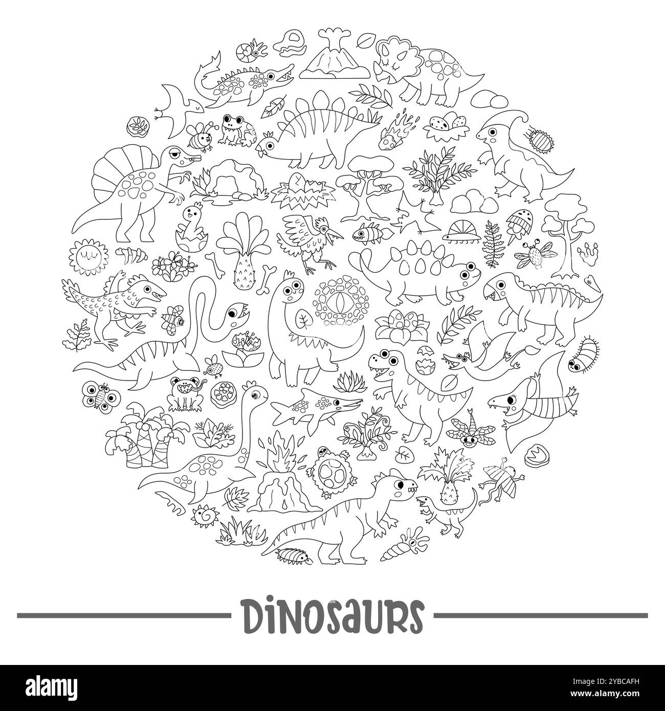 Schwarzer und weißer Dinosaurier-Rundrahmen mit Pterodactyl, Stegosaurus, Triceratops, T-Rex. Design für prähistorische Tierkarten. Dino-Teil Stock Vektor