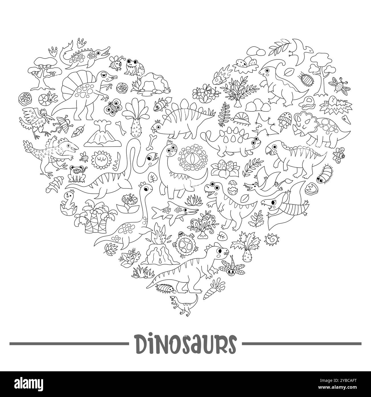 Vektor schwarz-weiß Dinosaurier Herzförmiger Linienrahmen mit Pterodactyl, Stegosaurus, Triceratops, T-Rex. Design für prähistorische Tierkarten Stock Vektor