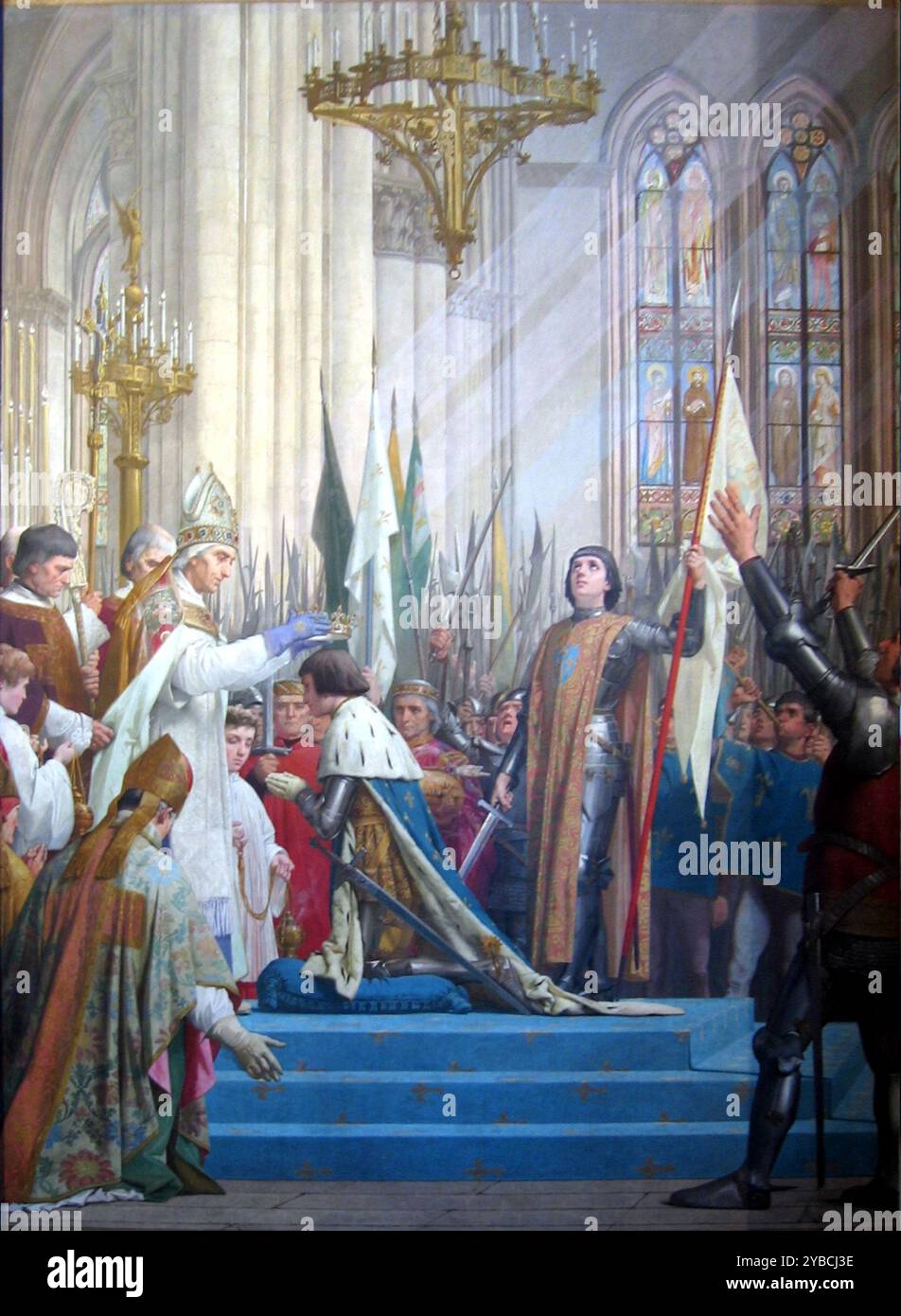 Joan von Arc in der Kathedrale von Reims – Gemälde von Jules Eugene Lenepveu (1819–1898), – Joan von Arc steht neben Karl VII., als er zum König gekrönt wird – eine von vier Tafeln, die Jules-Eugène Lenepveu 1889 gemalt und im Panthéon, Paris gezeigt hat, die Ereignisse im Leben von Joan Arc darstellen. Stockfoto