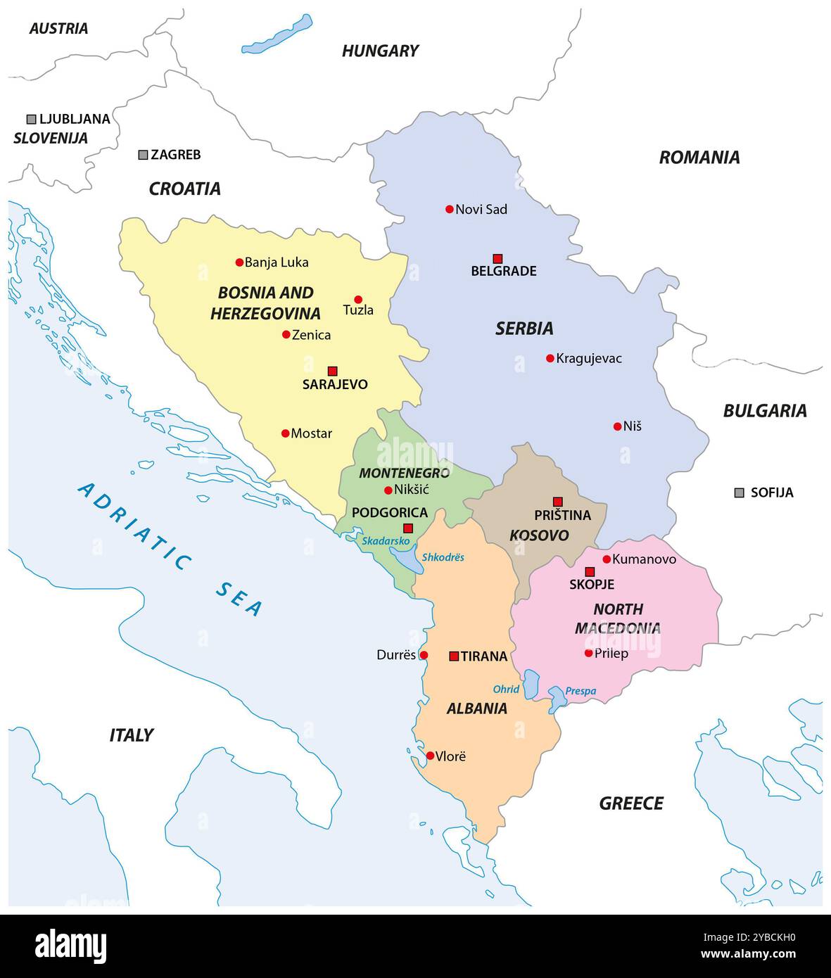 Karte der westlichen balkanstaaten Stockfoto