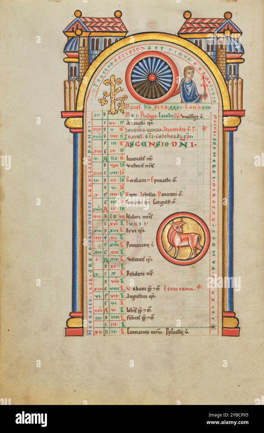 Quecksilber (?); Zodiakalzeichen Stier; Stammheimer Missale, wahrscheinlich 1170er Jahre Zusätzliche Informationen:die Brustfigur mit einem Caduceus auf dieser Kalenderseite könnte Mercury sein, der römische Kriegsgott, der mit dem Monat Mai assoziiert ist. Wie bei den Kalendern in den religiösen Dienstbüchern üblich, werden einige Feste hervorgehoben, hier mit roter oder blauer Tinte, und die wichtigsten sind in Großbuchstaben. Das fest der Himmelfahrt ist beispielsweise in Großbuchstaben mit wechselnden Farben geschrieben. Ein Stier in einem Medaillon repräsentiert das Tierkreiszeichen des Monats Stier. Stockfoto