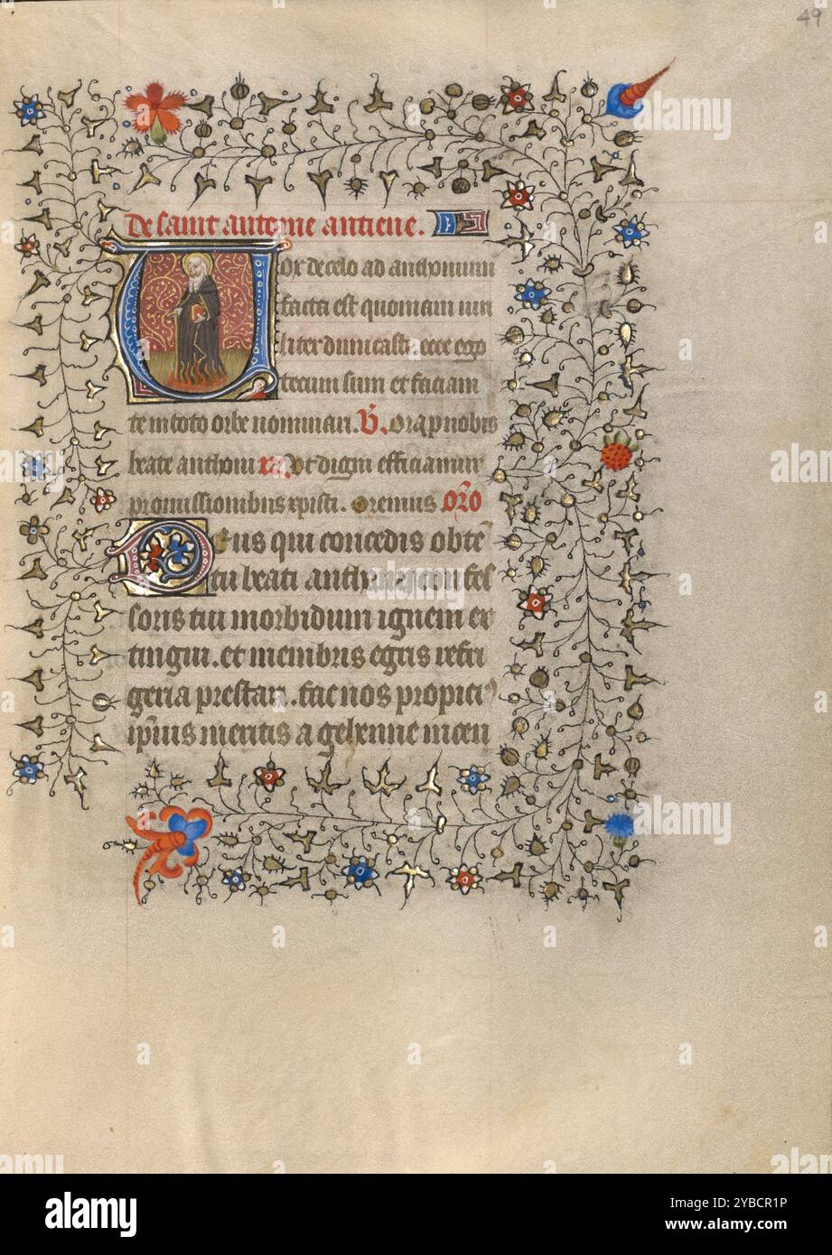 Initial V: Abt des Heiligen Antonius; Buch der Stunden um 1420. Anthony wird dafür verantwortlich gemacht, dass er bei einer Reihe von wundersamen Heilungen geholfen hat, vor allem durch Ergotismus, der als „St. Anthony's Fire“ bekannt wurde. Der heilige wird gegen Infektionskrankheiten, insbesondere Hautkrankheiten, berufen, von denen viele in der Vergangenheit als das Feuer des Heiligen Antonius bezeichnet wurden. Stockfoto