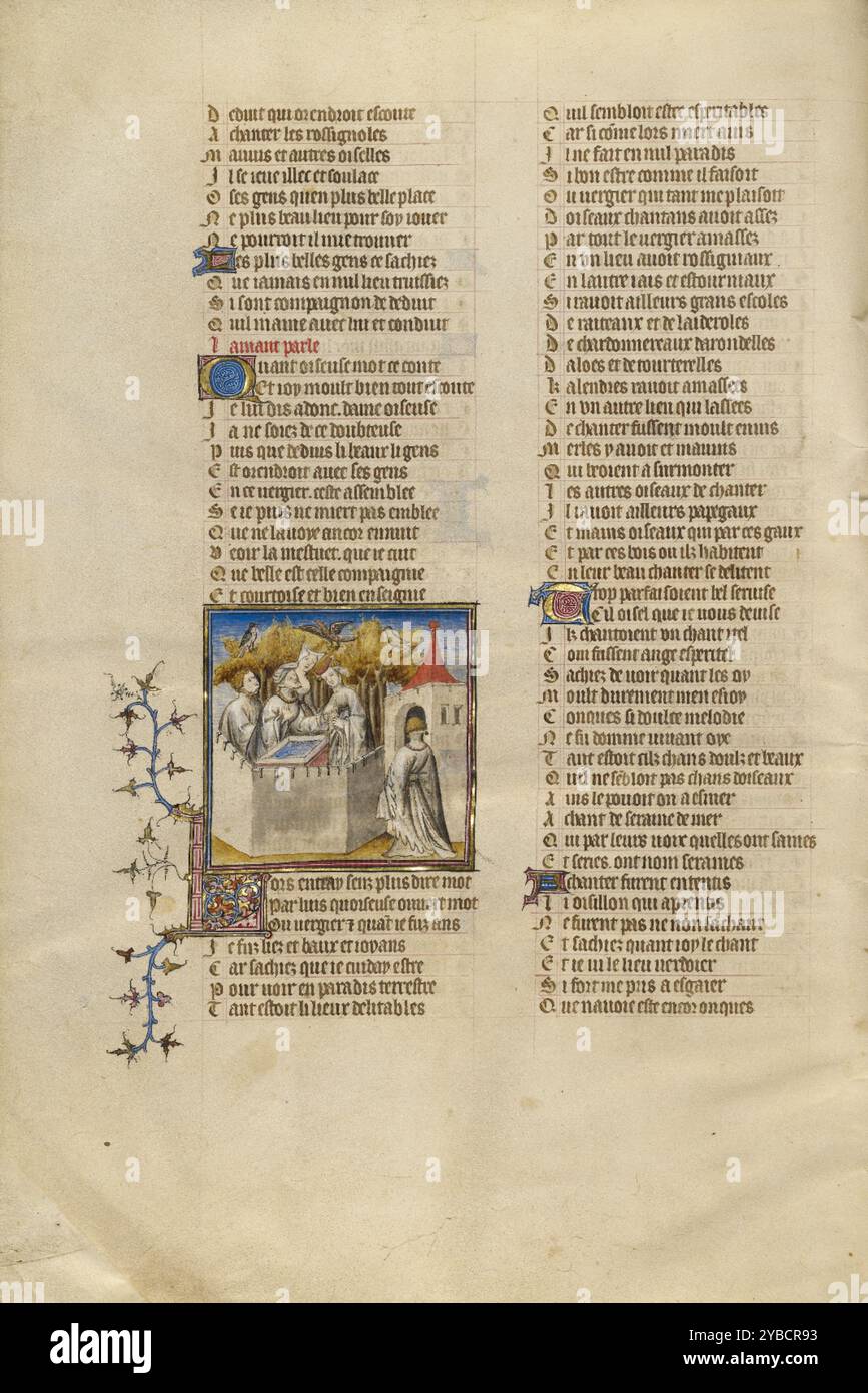 Der Liebhaber blickt auf den Garten; Roman de la Rose, ca. 1405. Zusätzliche Informationen: In dieser Miniatur sieht die Hauptfigur der Geschichte, der Liebhaber, zum ersten Mal den Garten der Liebe. Der Garten ist ein Ort des Vergnügens und der Begehrlichkeit, wo der Geliebte sich mit den fröhlichen Gefährten von Sir Mirth, wie Lady Wealth, Beauty und dem Gott der Liebe tummelt. Diese allegorischen Figuren helfen dem Geliebten in seinem Kampf gegen Charaktere wie Kummer und Eifersucht, um seine Geliebte, die Rose, zu gewinnen. Stockfoto