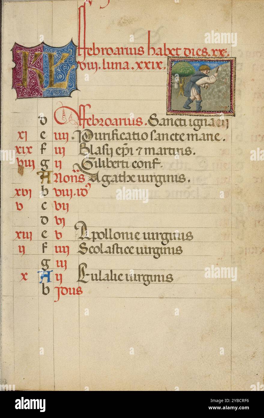 Februar Kalenderseite; Hacken; Buch der Stunden, ca. 1460. Stockfoto