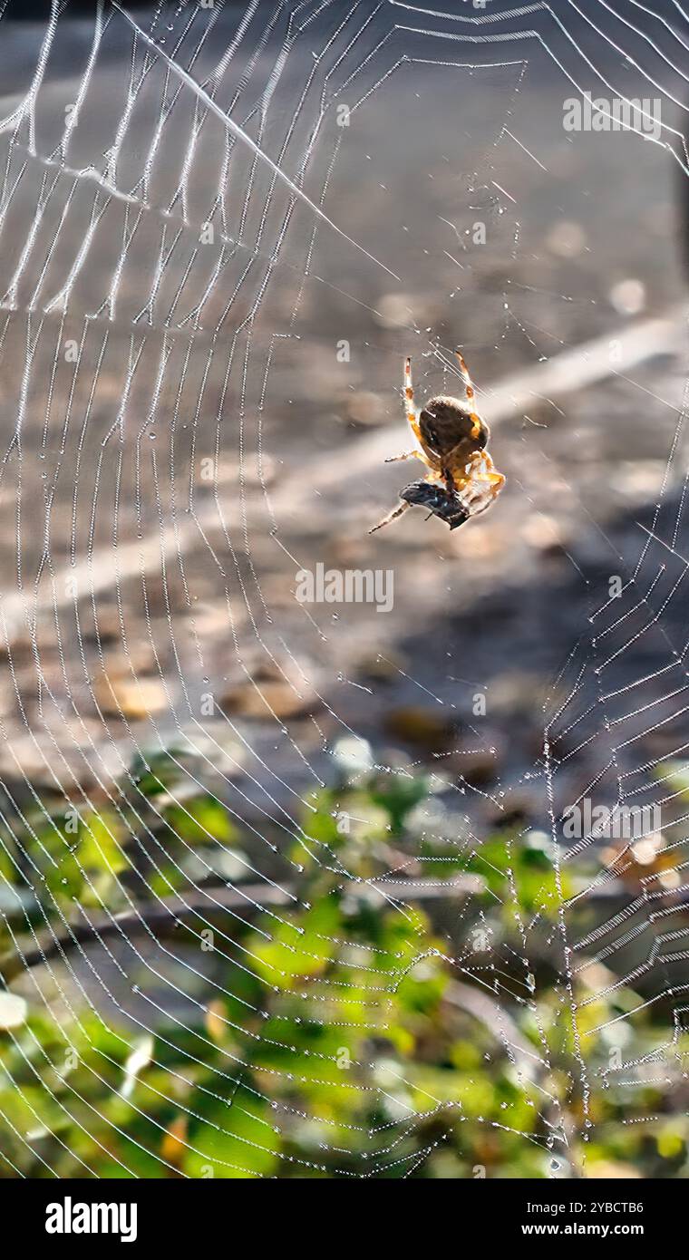 Spinne mit Beute in ihrem klebrigen Netz, das im Sonnenschein glitzert Stockfoto