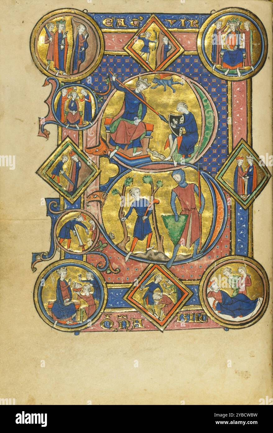 Initial B: David spielt die Harfe und David und Goliath; Wenzelaus Psalter, um 1250–1260. Zusätzliche Informationen: Der Anfangsbuchstabe B dominiert diese Seite, beginnend mit den Psalmen. Die nachfolgenden Buchstaben des ersten Wortes von Psalm 1 folgen in Gold auf den farbigen Bändern oben und unten: Beat[US] vir q[u]i n[on] abiit (gesegnet ist der Mann, der nicht geht ...). Zwei Szenen aus dem Leben von König David, dem vermeintlichen Autor der Psalmen, besetzen die große Initiale B. in der unteren Hälfte der Seite steht der Jugendliche David dem Philister Goliath gegenüber. Davids Sieg über Goliath führte zu König Sauls Jeal Stockfoto