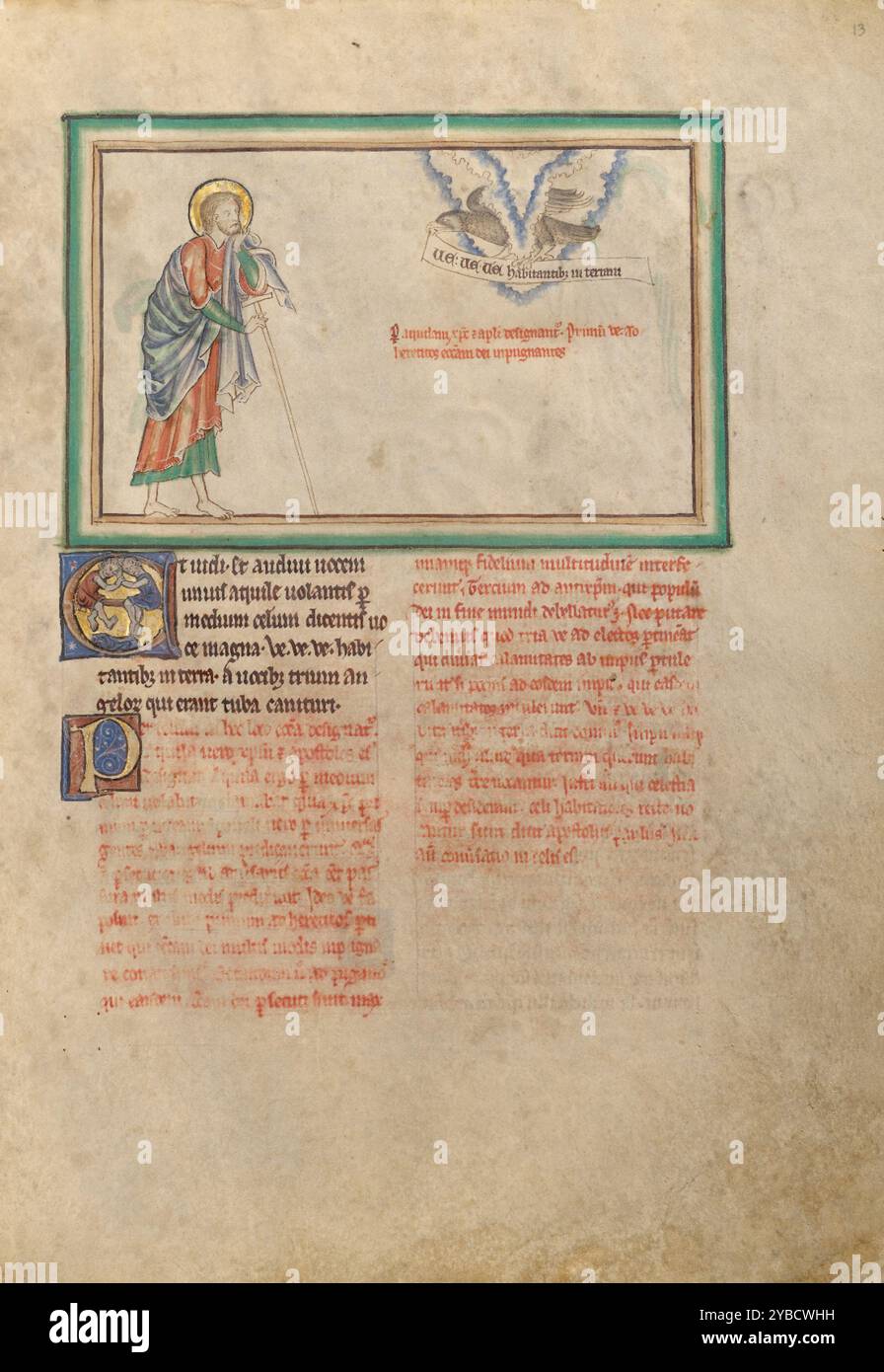 Dyson Perrins Apokalypse, um 1255–1260. Zusätzliche Informationen: Nachdem die ersten vier Trompeten ertönen, sieht der Heilige Johannes einen Adler durch den Himmel fliegen. Der Illuminator repräsentierte die Worte des Adlers auf einer in die Krallen geklammerten Schriftrolle: VE, ve, ve, habitantib[US] in Terram (Wehe, Wehe, Wehe den Bewohnern der Erde). Jede Wehe stellt eine der drei Trompeten dar, die noch zu hören sind. Stockfoto