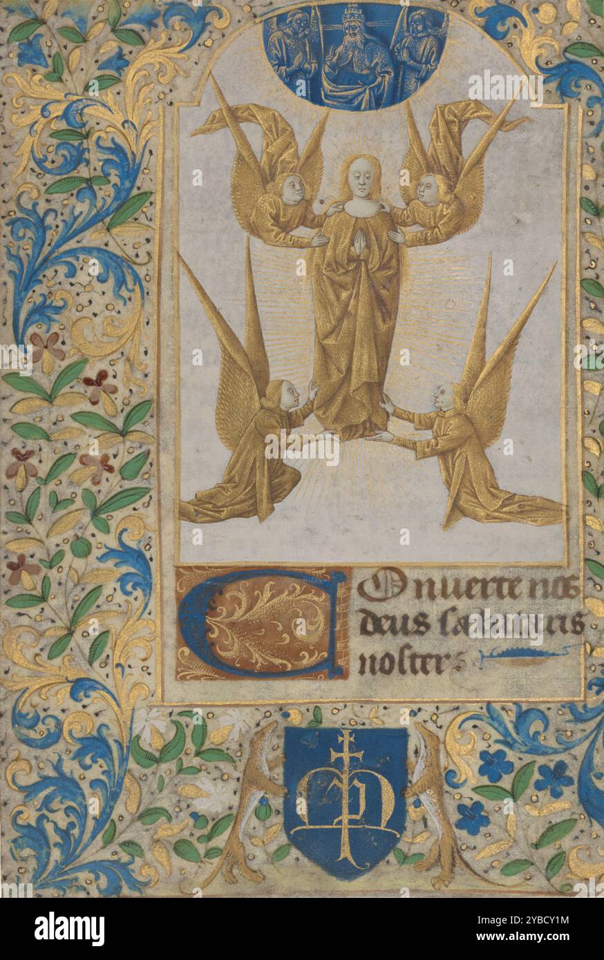 Die Himmelfahrt der Jungfrau; Blatt aus einem Buch der Stunden, Anfang der 1470er Jahre Weitere Informationen: Dieses Blatt aus einem Stundenbuch zeigt die Himmelfahrt der Jungfrau Maria, den Aufstieg der Jungfrau Maria, Mutter Jesu, in den Himmel nach ihrem Tod. Obwohl diese Szene in der Bibel nicht explizit diskutiert wird, wurde sie zu einem Kernaspekt der katholischen Tradition im mittelalterlichen Europa, und gab den Gläubigen ein Gefühl des Trostes in dem Wissen, dass es eine Chance gab, dass auch sie in den Himmel aufsteigen konnten, wenn sie ihre irdischen Körper zurückließen. Dieser Schnitt könnte Teil eines illustrierten Stundenbuches aus dem späten 15. Jahrhundert gewesen sein Stockfoto