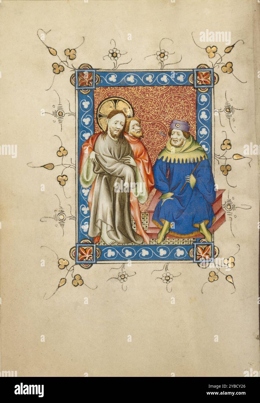 Christus vor Pilatus; Stundenbuch, um 1405-1410. Zusätzliche Informationen: Die Miniaturen im Stundenbuch der Meister von Dirc van Delf stellen eine Reihe von Ereignissen aus der Passion Jesu dar, die bis zur Kreuzigung führten. In diesem Zusammenhang dient die Miniatur Christi vor Pilatus als visueller Fokus für die folgenden Gebete. Pilatus, der römische Präfekt in Jerusalem, der dem Prozess Jesu vorstand und den Befehl zur Kreuzigung gab, sitzt auf einem Thron. Jesu trauriger, aber geduldiger Ausdruck deutet darauf hin, dass er sein Schicksal akzeptiert. Diese Konfrontation zwischen Pilatus und Christus Stockfoto