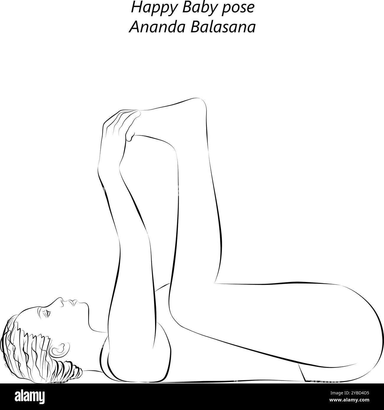 Junge Frau, die Ananda Balasana Yoga-Pose übt. Glückselige Babysittung, glückliche Babysittung oder tote Bug. Isolierte Vektordarstellung. Skizze Stock Vektor