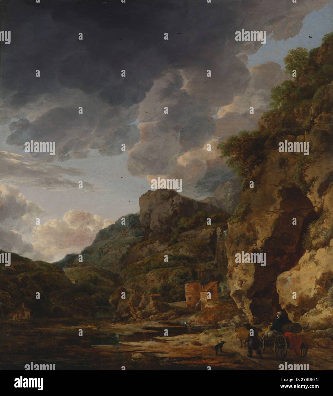 Berglandschaft mit Fluss und Wagen, drittes Viertel des 17. Jahrhunderts. Zusätzliche Informationen: Die kontrastierenden Texturen und dezent modulierten Farbtöne dieses warmen, sonnigen Bergtals, die hoch aufragenden Felsen und Bäume, die ein starkes vertikales Element bilden, und die malerischen Gebäude im Hintergrund spiegeln die Verschuldung der Künstler gegenüber niederländischen italienischen Landschaftsmalern wider. Niederländische Landschaften dieser Art wurden im England und Frankreich des 18. Jahrhunderts gesammelt, wo sie die Entwicklung der Landschaftsmalerei des Rokoko beeinflussten. Stockfoto