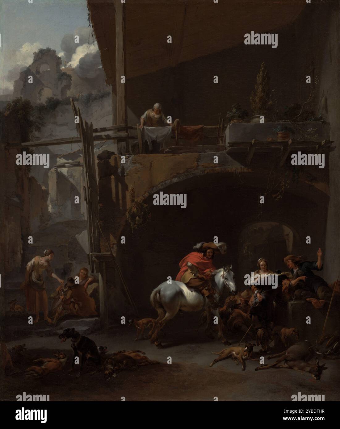 Die Rückkehr von der Jagd, 1660er Zusätzliche Info: Im rustikalen Innenhof eines italienischen gasthauses erfrischen sich ein Jäger auf einem weißen Pferd und mehrere seiner Gefährten. Eine Vielzahl von Hunden ruhen in den Schatten, und der Preis der Jagd, ein Hirsch, liegt im rechten Vordergrund. Zwei Jägerinnen unterhalten sich mit einer Gastgeberin - vielleicht mit Geschichten aus der Verfolgungsjagd. Auf dem Balkon oben stellt eine Waschfrau die Wäsche. Links, teilweise in Schatten gehüllt, dient eine Frau zwei sitzenden Männern. Über diesem Trio erkunden zwei winzige Figuren die Oberläufe der hoch aufragenden Ruine hinter dem inn. Stockfoto
