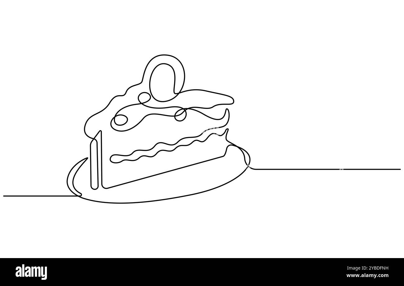 Fortlaufende Linienzeichnung einer Geburtstagskuche mit Kerze, fortlaufende Linienzeichnung des Glücksgeburtstags-Symbols. Handgezeichnetes Symbol Vektor-Illustration Stock Vektor