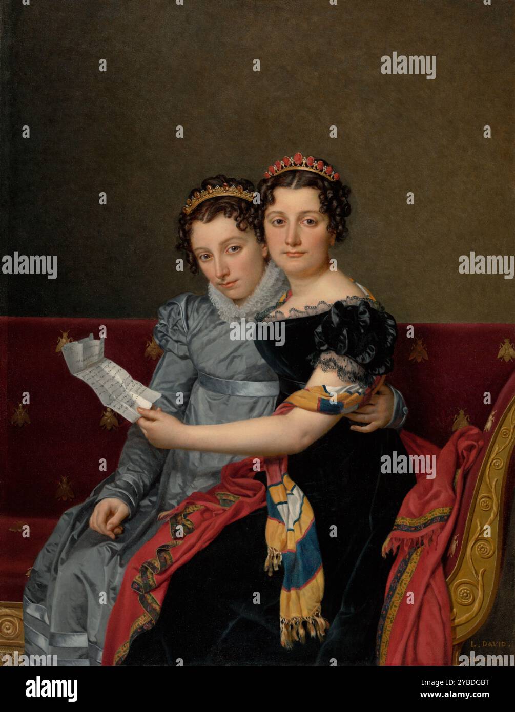 Porträt der Schwestern ZénaïDE und Charlotte Bonaparte, 1821. Weitere Informationen: Die Schwestern ZénaïDE und Charlotte Bonaparte, Napoleons Nichten, nehmen sich an, wie sie einen Brief ihres Vaters Joseph Bonaparte lesen, der in den Vereinigten Staaten verbannt wurde, als sie in Brüssel lebten, nachdem Napoleon von der Macht gefallen war. Die Falten des sorgfältig gefalteten Papiers werden realistisch gerendert, und der Betrachter kann sogar eine Philadelphia-Adresse auf dem Brief entziffern. Der ältere ZénaïDE wirkt weltlich und elegant in einem niedrig geschnittenen schwarzen Samtkleid. Aufrecht sitzend, sieht sie aus Stockfoto