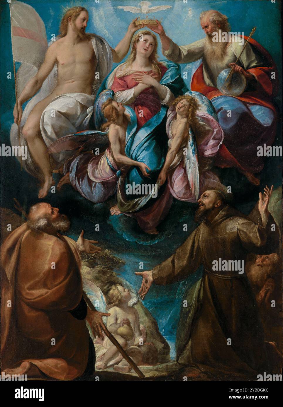 Die Krönung der Jungfrau mit den Heiligen Joseph und Franziskus um 1605. Zusätzliche Informationen: Die Jungfrau wird von zwei Engeln getragen und von Christus, Gott, dem Vater, und dem Heiligen Geist (in Form einer Taube) zur Himmelskönigin gekrönt. Unten knien Joseph und der Heilige Franz von Assisi, die Stigmata auf seinen offenen Händen zeigen, in Ehrfurcht, als sie Zeugnis der himmlischen Zeremonie geben. Wirbelnde, schimmernde, juwelenfarbene Vorhänge beleben die Komposition und betonen die Anderswelt des Themas. Die naturalistischen Gesichter der Heiligen unten stehen im Kontrast zu den idealisierten Merkmalen der Figuren Stockfoto
