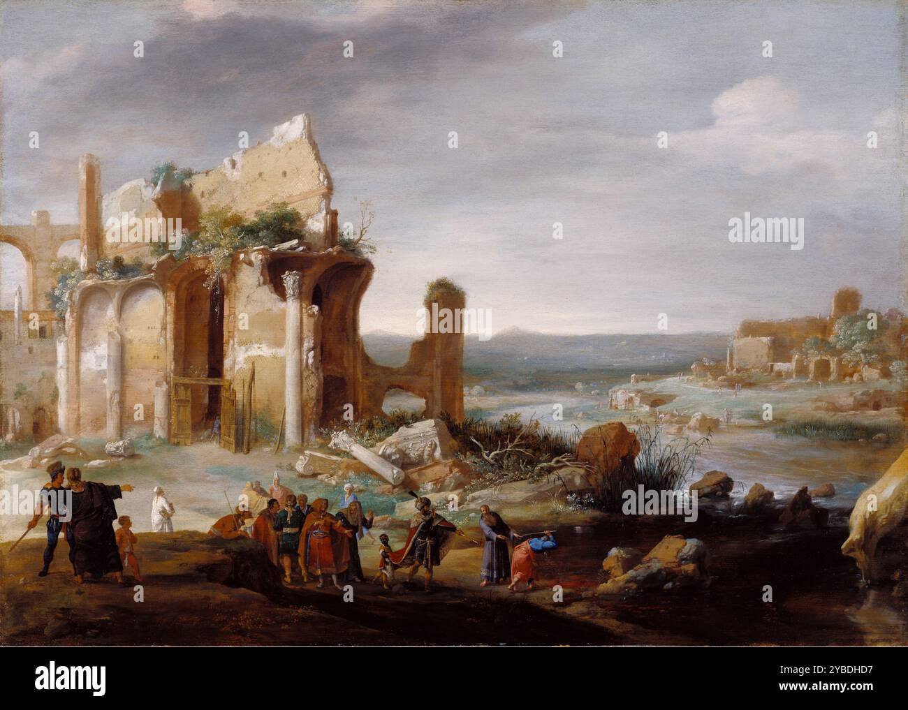 Moses und Aaron haben die Flüsse Ägyptens in Blut verwandelt, 1631. Bartholomeus Breenbergh vertonte die Geschichte von Gottes erster Plage gegen die Ägypter in einer leuchtenden, geräumigen italienischen Landschaft, die mit romantischen klassischen Ruinen gefüllt ist, inspiriert von Beispielen, die er in Rom studiert hatte. In einem weiten raumausblick stehen die hervorgehobenen Ruinen im zentralen Erdreich stark gegen den Himmel. Mit Hilfe von durchscheinenden Schichten empfindlicher Pinselstriche verschmolz Breenbergh meisterhaft Figuren und Landschaften und gab seinem imaginären Setting eine Rolle, die der Erzählung entspricht. Stockfoto