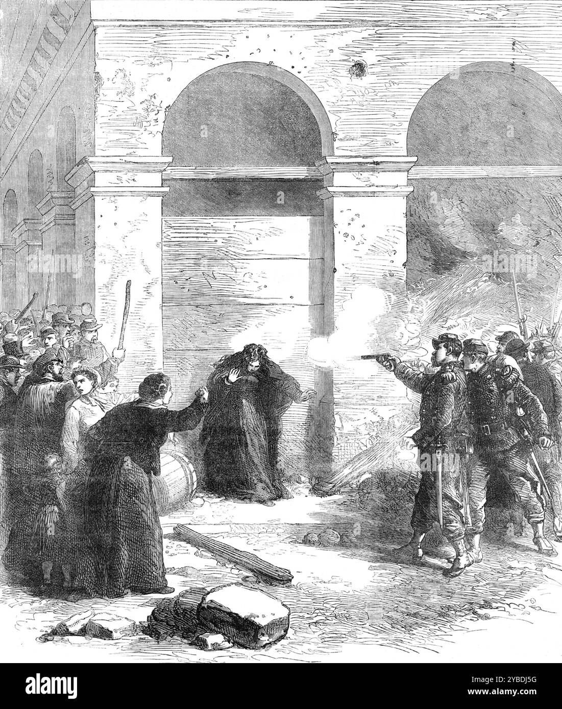 Die späten Ereignisse in Paris: Eine Frau, die im Louvre erschossen wurde, weil sie Erdöl verbreitete, 1871. "Die schockierende Szene... wird so von einem Korrespondenten beschrieben: "An der Ecke der Rue Castiglione wurde mir bewusst... eine große Menschenmenge schrie und ihre Fäuste schüttelte... zwei Artilleristen [zogen] zwischen sich ein schmutziges Bündel von Lumpen, die sich umherstürzten und kämpften, und fielen unter den Schlägen, die darauf geduscht wurden... es war eine Frau, die beim Verteilen von Erdöl gefangen worden war [zum Zweck der Brandstiftung]. Ihr Gesicht blutete, und ihr Haar strömte über den Rücken, von dem ihr Clo Stockfoto