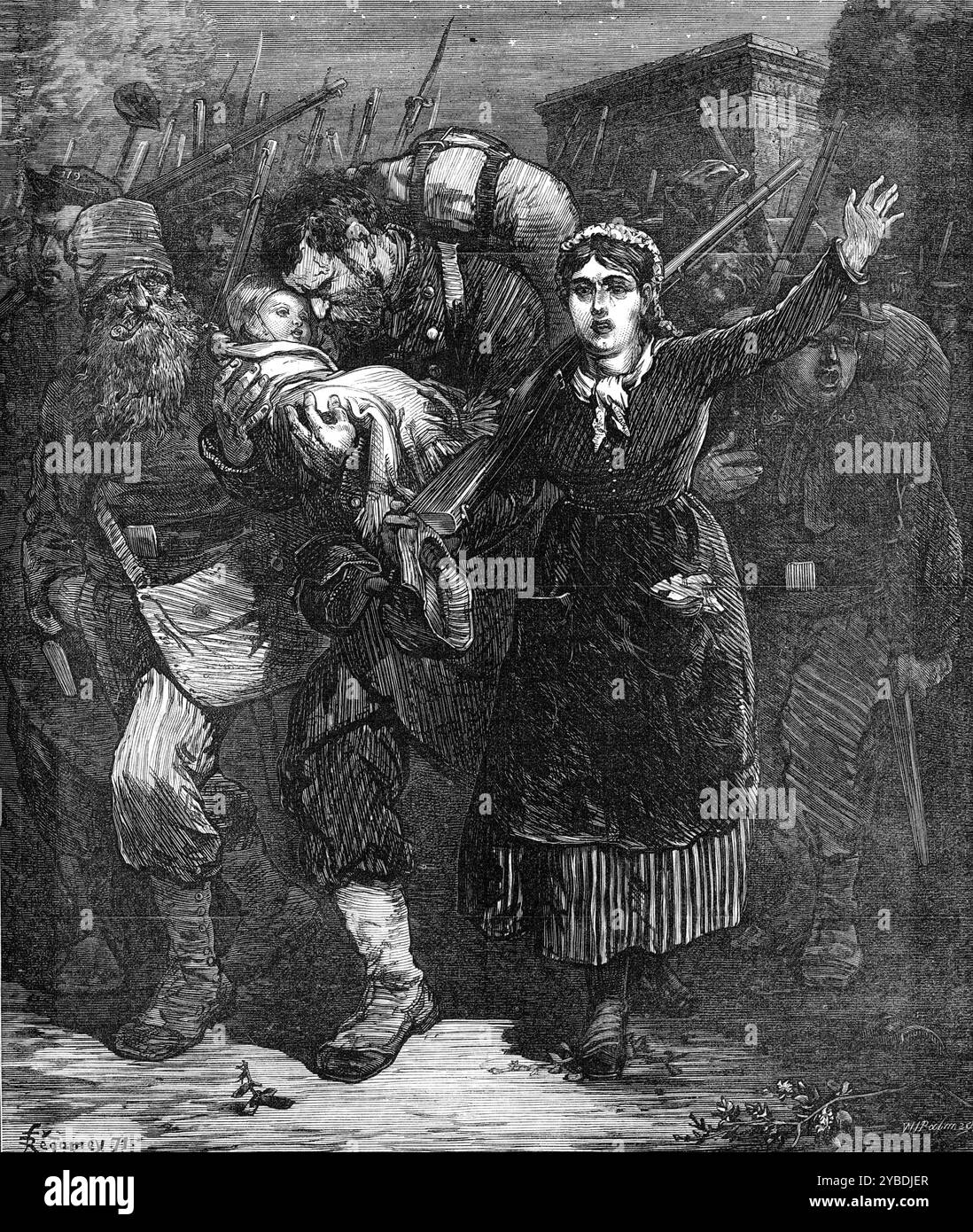 "Vive La Commune!", 1871. Die französische Belagerung von Paris; eine der „...incidents der Verteidigung, die von den aufständischen Kräften der Kommune oder der Roten Republikanischen Partei gegen die Truppen der regulären Armee der französischen Provisorischen Regierung und der Nationalversammlung in Versailles aufrechterhalten wurde... die wilde, wahnsinnige Prozession von Männern und Frauen auf den Straßen“. Aus Illustrated London News, 1871. Stockfoto