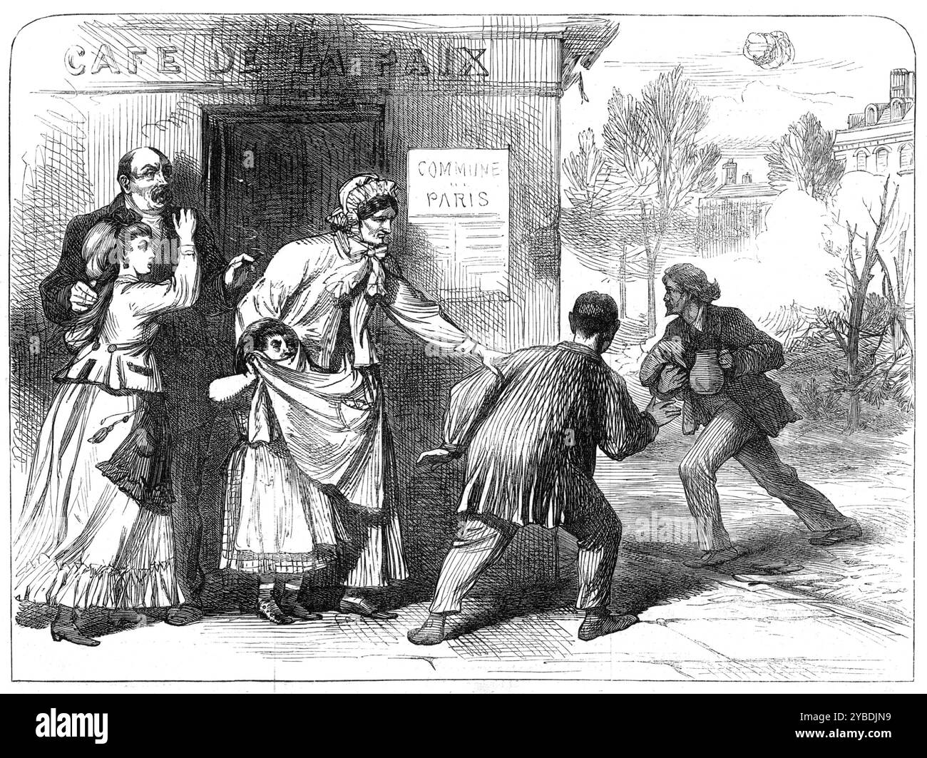 Die französische Belagerung von Paris: Mai morgen, 1871. "Alle Häuser außerhalb der Festungsmauern auf der westlichen Seite von Paris und sogar jene innerhalb der Stadtmauern, die sich in der Nähe der Grand Avenue der Champs Elys befinden, sind unsicher geworden, seit der Bombardement nicht nur vom Mont Val&#xe9;rien, sondern auch von den Batterien von Courbevoie und der Brücke von Neuilly begonnen wurde, auf die die die kommunistische Batterie an der Porte Maillot zu antworten versucht. Die Stadtbewohner von Paris wagen sich dennoch in die Champs Elys&#xe9;es, von Neugier angezogen, nahe genug, um den Lärm und zu hören Stockfoto