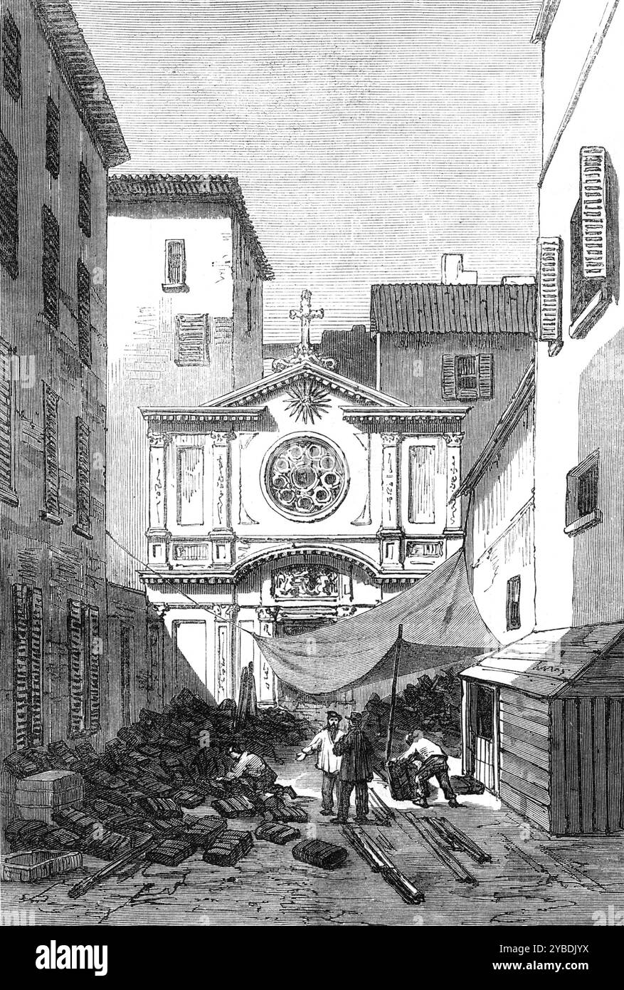 Kollegium der Jesuiten, Marseille, 1871. „Der jüngste Ausbruch von Bürgerkämpfen in Marseille und Paris, der durch die Gewalt der Roten Republikanischen Fraktion verursacht wurde, könnte ein gewisses Interesse für unsere Gravur einer Skizze wecken, die in dieser wichtigen kommerziellen Hafenstadt zu einer Zeit gemacht wurde, als es voller militärischer Hektik war, um sich mit Lyon und ganz Südfrankreich auf den Widerstand gegen die deutsche Invasion vorzubereiten. Das Kollegium der Jesuiten war, wie einige andere Gebäude kirchlicher Konzerne und Institutionen mit pazifischem Charakter, von der Verwaltung der französischen Armee und ihrer Kuu besetzt Stockfoto