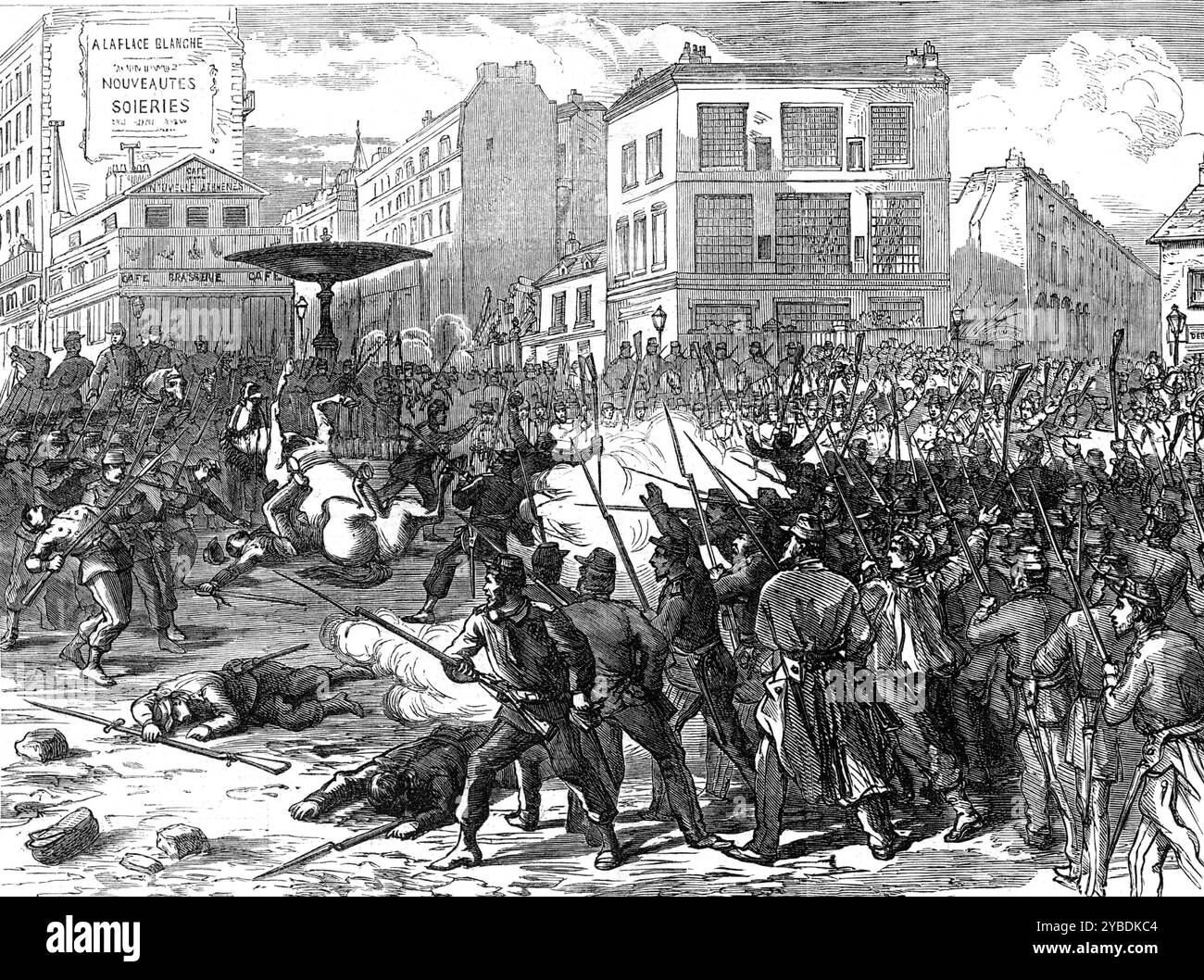 Der Konflikt in Paris: Begegnung am Place Pigalle, 1871. Eine von mehreren ...deplorable Szenen von Bürgerkrieg und grausamer Empörung, die in einem Fall bis zum Ausmaß eines Massakers getragen wurden, und die die Begehung mehrerer vorsätzlicher Morde ohne die geringste Rechtfertigung seitens der Roten republikanischen Aufständischen beinhaltete... die Begegnung am Place Pigalle... wo eine Partei der aufgewühlten Nationalgarde auf eine Kompanie von Chasseuren der regulären Armee traf, der Hauptmann der letzteren Armee befahl seinen Soldaten, auf die anderen zu schießen, die sich weigerten, sich zu zerstreuen oder aufzugeben Stockfoto