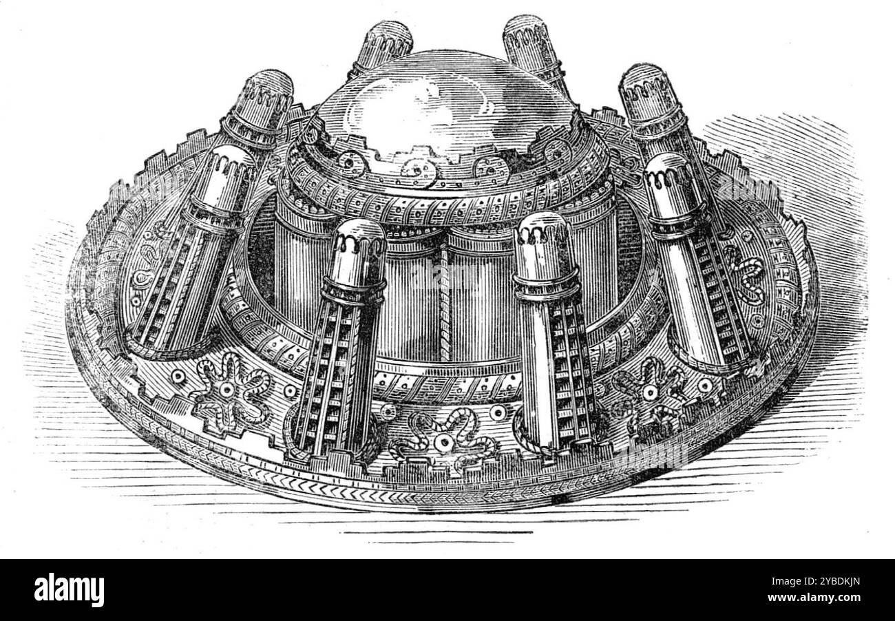 Prinzessin Louise's Hochzeitsgeschenke: Die Brosche von Lorne, 1871. Königliche Hochzeit von Prinzessin Louise (vierte Tochter von Königin Victoria) und ihrem Ehemann John Campbell, 9. Duke of Argyll. "...die berühmte "Brosche von Lorne", ein Juwel von viel historischem und romantischem Interesse... ist aus Silber mit Perlen besetzt. Es besteht aus einer runden Platte, 4 Zoll Mit einem Schnalle an der Unterseite. Die obere Seite hat einen Rand, der mit Zinnen eingezogen ist, wie die Mauer um eine Festung, in der sich acht runde, etwa einen Zoll und ein Viertel hohe Projektionen erheben, die wahrscheinlich die Türme in der Nähe darstellen sollen Stockfoto