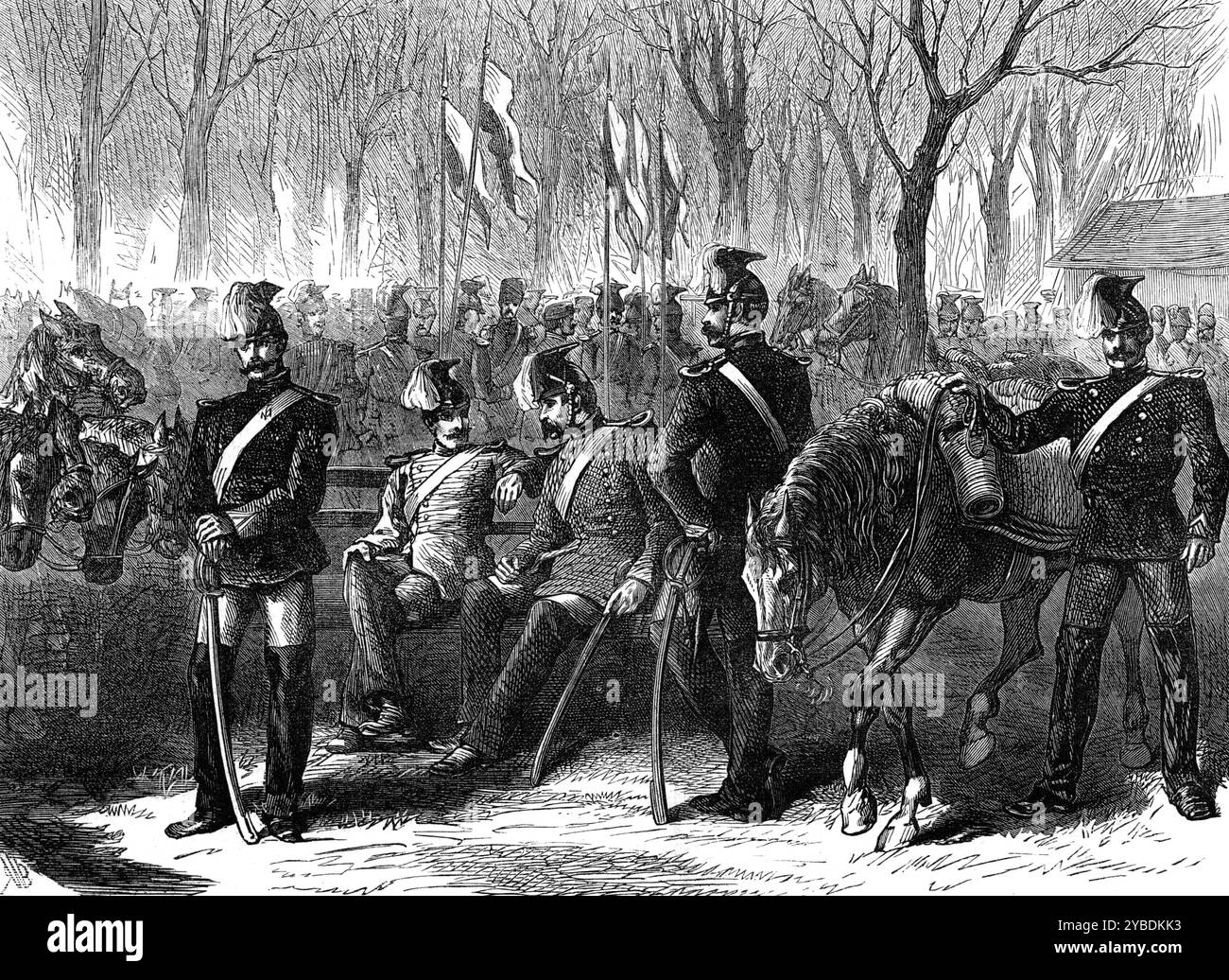 Die Deutschen in Paris: Bayerische Lanzen lagerten 1871 in den Champs Elysées. Deutsch-Französischer Krieg. Die Bayern waren hier im Palais de l'Industrie und die Preußen im Cirque Imperiale. Die weitläufige Straße war mit Kommissariatwagen gefüllt, die mit Vorräten für die Besatzungsarmee und mit Vorräten für die Kavallerie beladen waren. Deutsche Truppen hatten ihre Pferde in langen Schlangen zwischen den Bäumen gepflückt; Bataillone der Infanterie hatten ihre Rucksäcke abgenommen, Arme gestapelt, ihre spitzen Helme gegen Kappen ausgetauscht und ihr Abendessen unter den verdorbenen Überresten von Ex gekocht Stockfoto