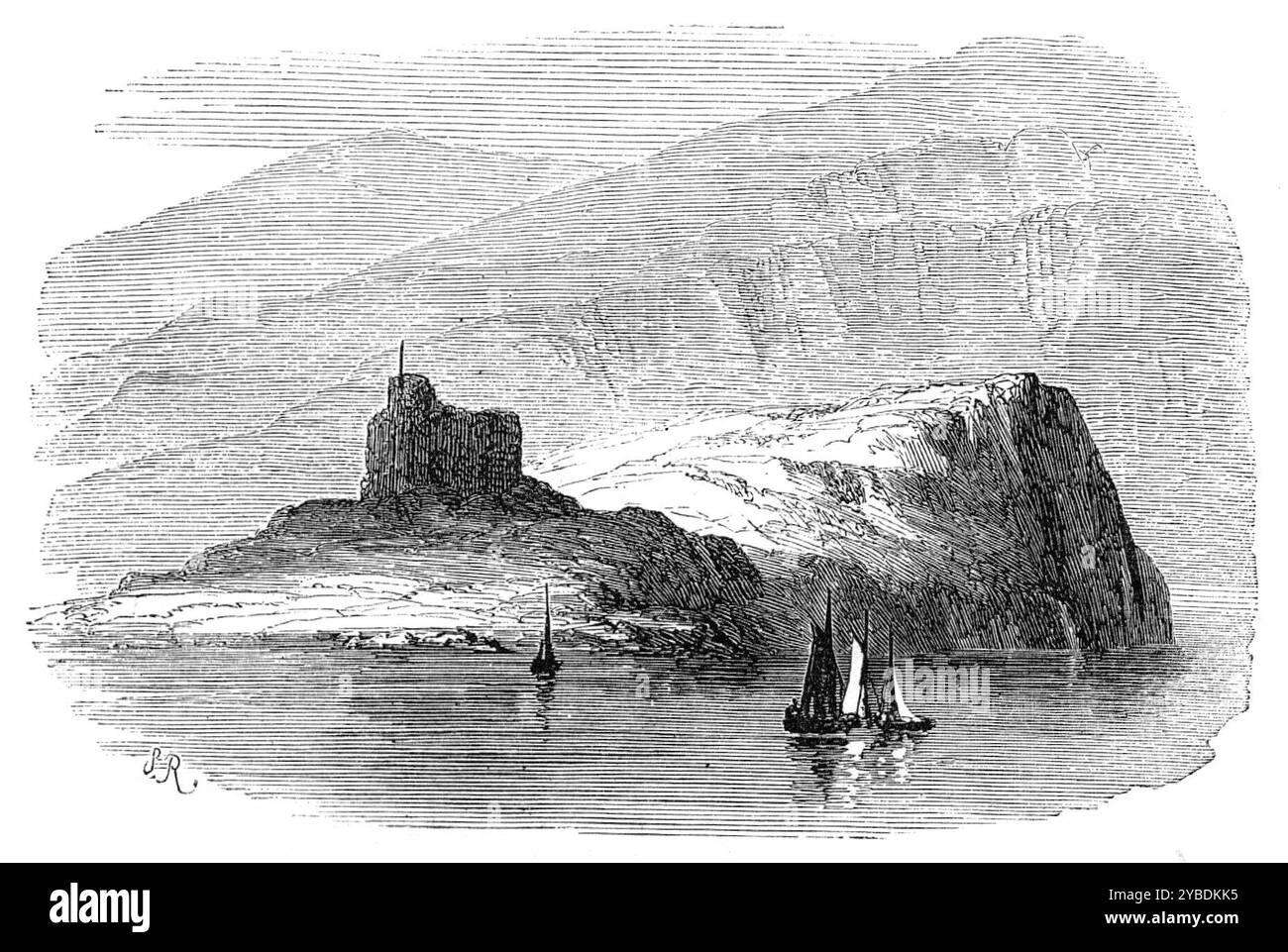 Das Land Lorne: Ardtornish Castle, 1871. Blick auf die Ruinen von Ardtornish an der Küste von Morven, die vor fünf oder sechshundert Jahren dem Herrn der Inseln gehörte. Ardtornish Castle wurde erst 1340 erbaut, obwohl Sir Walter Scott seine Festsäle für die Heirat von Edith von Lorne mit Ronald von den Inseln, die Eröffnungsszene seiner ritterlichen Romantik, vorbereitet hat. Das Datum wurde den Ereignissen von 1307 zugeschrieben. Die Lage dieser alten Feudalfestung am südöstlichen Eingang des schmalen Sunds oder der Straße von Mull ist sehr malerisch; auf der einen Seite ist ein Gebirgszug Stockfoto