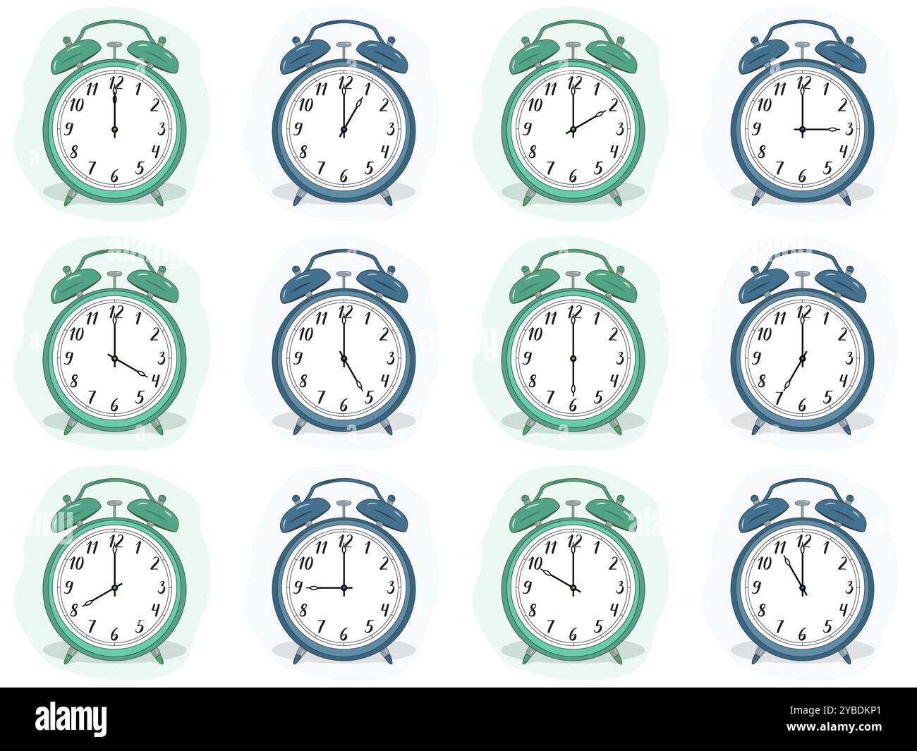 Vektordarstellung analoger Wecker mit handgeschriebenen Nummern. 0, 1, 2, 3, 4, 5, 6, 7, 8, 9, 10, 11, 12, 13, 14, 15, 16, 17, 18, 19, 20, 21, 22, Stock Vektor