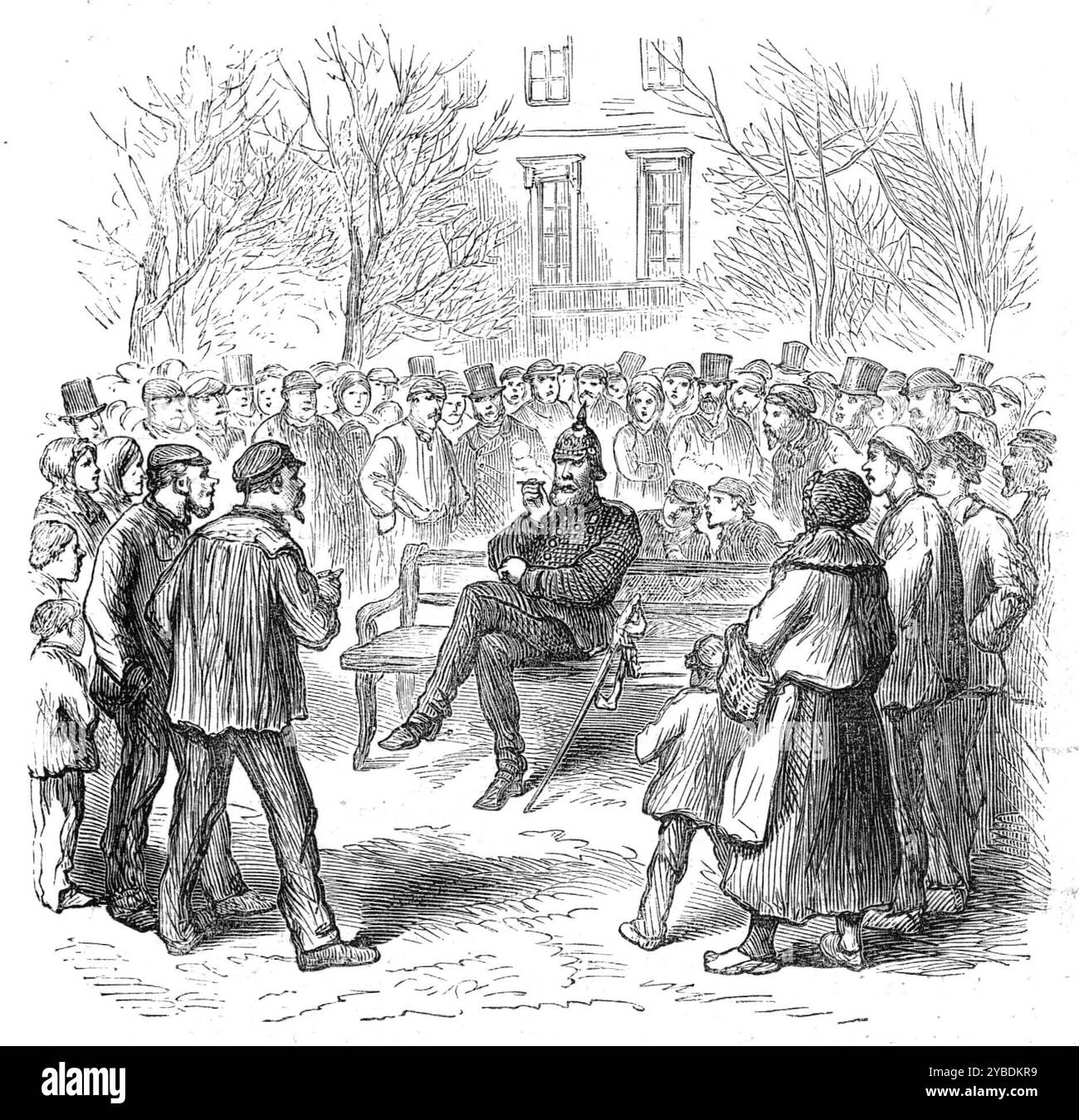 Die Deutschen in Paris: Ein Objekt großer Neugier, Champs Elysées, 1871. Deutsch-Französischer Krieg. "Das Pariser Viertel, bestehend aus den Champs Elys und dem Place de la Concorde... wurde von Mittwochmorgen bis Freitagmorgen von 30.000 deutschen Truppen besetzt... auf den Bänken am Straßenrand saßen einige der Eindringlinge, in Gruppen von zwei und drei, plauderten und rauchten ihre Pfeifen und waren bereit, jeden französischen Mann oder jede Frau zu spucken, die bereit waren, sich zu unterhalten. Bald wurden sie zu Zentren von belebten Menschenmassen, und wann immer man vierzig oder fünfzig in einem Kreis zusammengepfercht sah Stockfoto