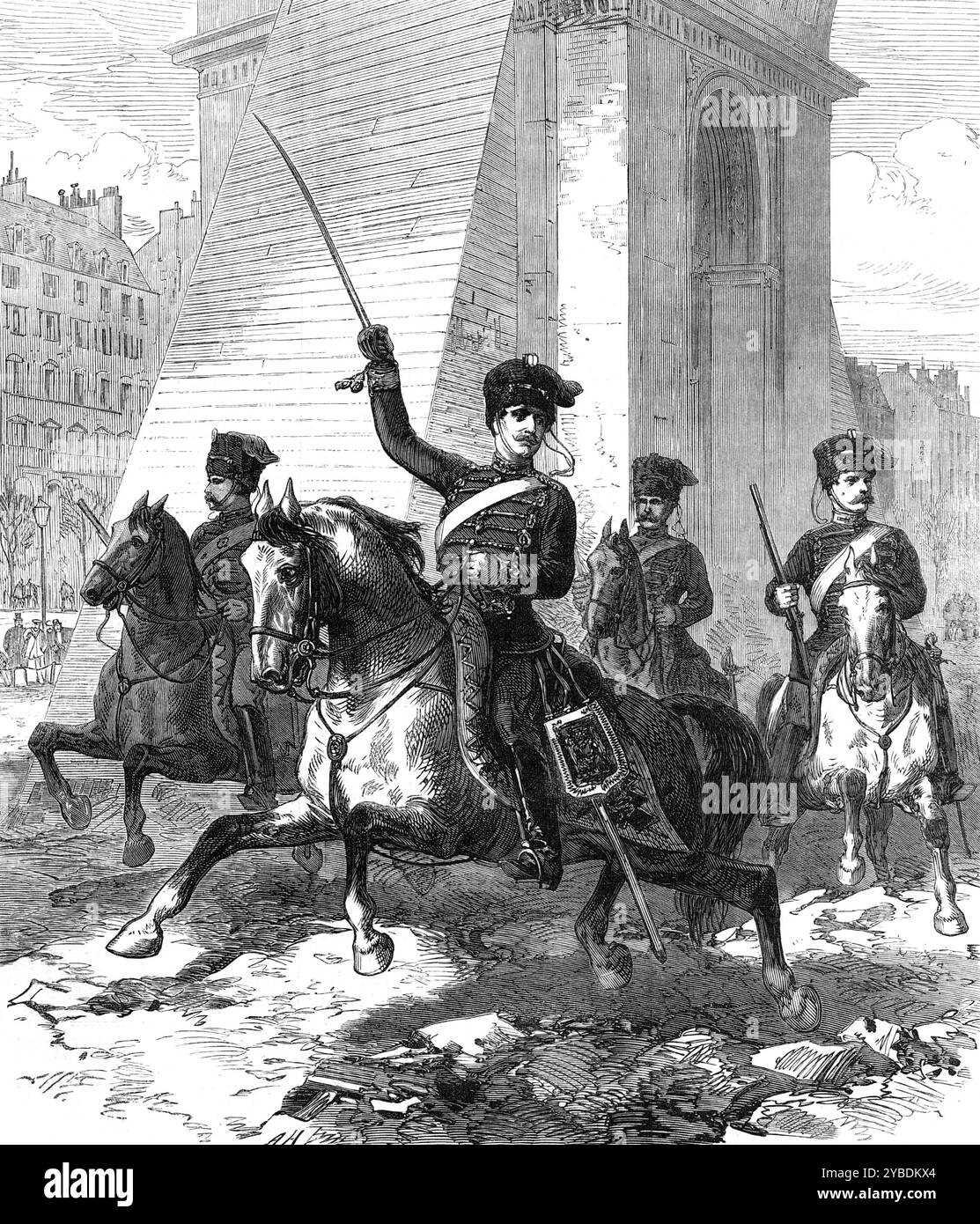 Der erste Deutsche in Paris, 1871. Deutsch-Französischer Krieg. "Die ersten deutschen Soldaten, die am Mittwochmorgen um Viertelvormittag kamen, waren eine Gruppe von sechs Soldaten, angeführt von einem jungen Offizier (Leutnant Bershardy, 14. Preußische Husaren), die durch den Place de l'Etoile fuhren, um den Arc de Triomphe herum, wie in der Gravur auf unserer Titelseite zu sehen ist... Er wurde zur Zeit von Captain von Colond begleitet, der das Geschwader befehligte, das leise die große Avenue der Champs Elysées hinunterritt, und General von Kamecke und sein Personal zum Palast der Königin Christina von Spanien eskortierte Stockfoto