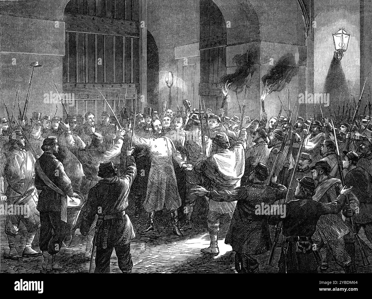 M. Flourens wurde 1871 von den Aufständischen in Paris aus dem Gefängnis entlassen. Deutsch-Französischer Krieg. "Die Aufständischen... versammelten sich am Samstagabend und drängten sich in das Gefängnis von Mazas, wo M. Gustave Flourens, ein Anführer der Ultra-Demokratischen Fraktion, seit dem ersten Versuch Anfang November, die Regierung im Hotel de Ville zu verärgern, eingesperrt war. Fünf oder sechshundert Mann, bewaffnet mit Kanonen, darunter viele der meuderischen Bataillone der Nationalgarde, die M. Flourens befehligt hatte, kamen gegen Mitternacht im Gefängnis an und schickten drei Delegierte, um mit M. Bayet, dem Sup, zu sprechen Stockfoto