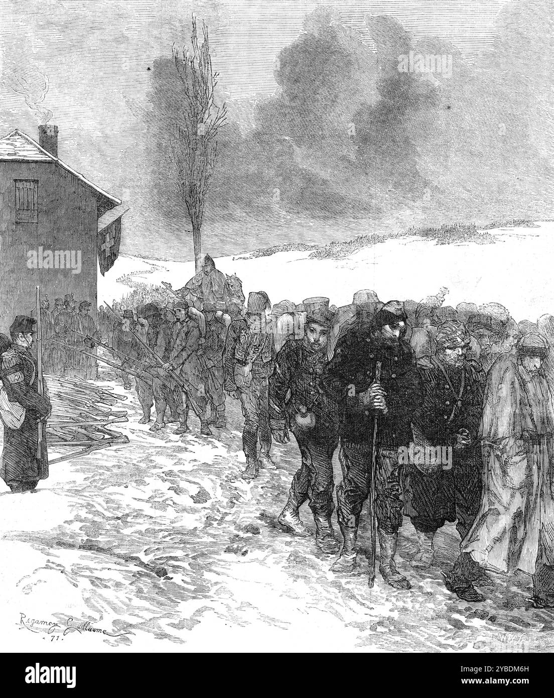 Entwaffnung der Armee von General Bourbaki an der Schweizer Grenze, 1871. Französisch-Preußischer Krieg: "...der beunruhigende Rückzug der französischen Armee des Ostens...[Illustration der Szene in Marin, bei Travers, zeigt] einige französische Soldaten beim Ablegen ihrer Knarren, und die Offiziere, die ihre Schwerter lieferten, unter der Aufsicht der Schweizer Militärbehörden; während ein Wagen, der bereits mit den verlassenen Waffen beladen ist, nach Neufchatel, der Hauptstadt des Kantons fährt...[die französische Armee] verlor] fast 16.000 Männer, wurden von Werder Gefangenen verfolgt. und es fiel ins Innere Stockfoto