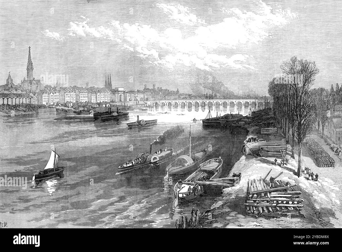 Die Stadt Bordeaux, 1871. Deutsch-Französischer Krieg. "Die große und wohlhabende Stadt Bordeaux, die drittwichtigste der französischen Seehäfen und Hauptstadt des Departements Gironde ist, war seit ihrer Entlassung aus Tours der Delegierte der französischen Regierung für nationale Verteidigung und ist heute der Treffpunkt der Nationalversammlung, die zur Erörterung der Friedensbedingungen einberufen wurde... der Blick auf die Stadt vom gegenüberliegenden Ufer des Flusses hat eine sehr angenehme Wirkung. das geschwungene Ufer in Form eines Halbmondes ist von schönen Gebäuden im Umfang von zwei oder drei Meilen gesäumt. Der Fluss ist Stockfoto