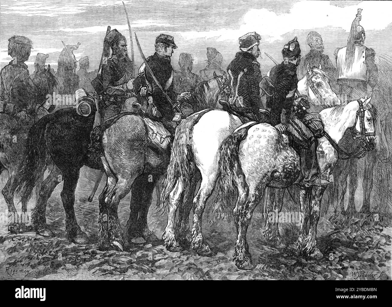 Eine Kavallerie von General Chanzys Armee, 1871. Deutsch-Französischer Krieg. "Ein französischer Korrespondent mit der Armee von General Chanzy im Westen Frankreichs trägt eine Illustration der seltsamen Mischung von Uniformen, Männern und Pferden in der Kavallerie dieser glücklosen Armee bei, die nach dem Verlust von Orleans eilig und unvollkommen gebildet wurde. Sie ist heute in der Nähe von Laval in der Bretagne stationiert, nachdem sie durch die achttägigen Kämpfe, die mit der Eroberung Le Mans endeten, stark geschwächt wurde. Viele der neu berittenen Truppen waren rohe Rekruten, die kaum je ein Pferd gesessen hatten, und h Stockfoto